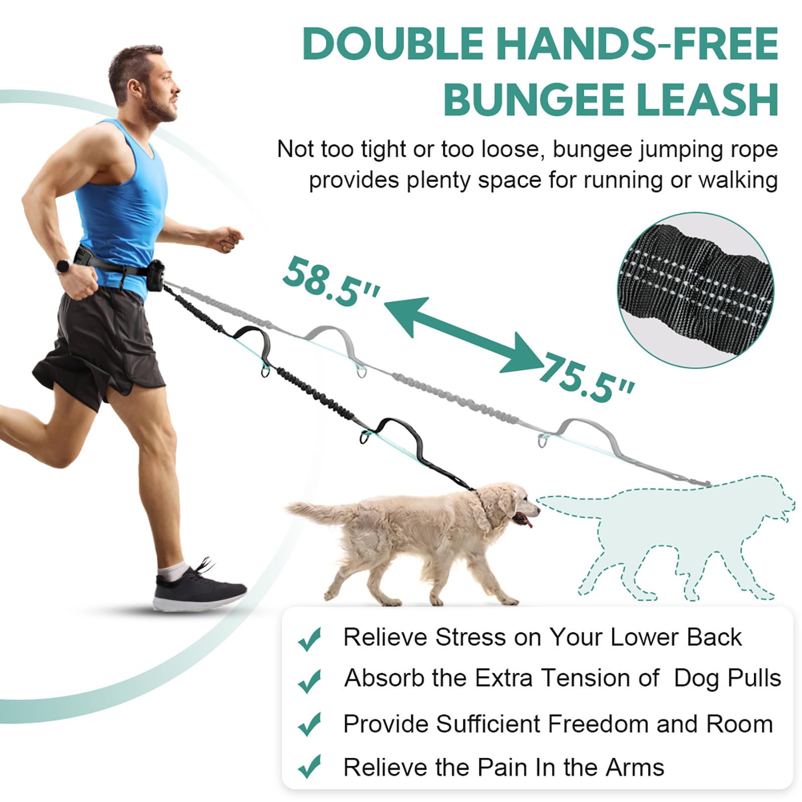 Yicostar waist belt dog leash with foam pad adds comfortable support.