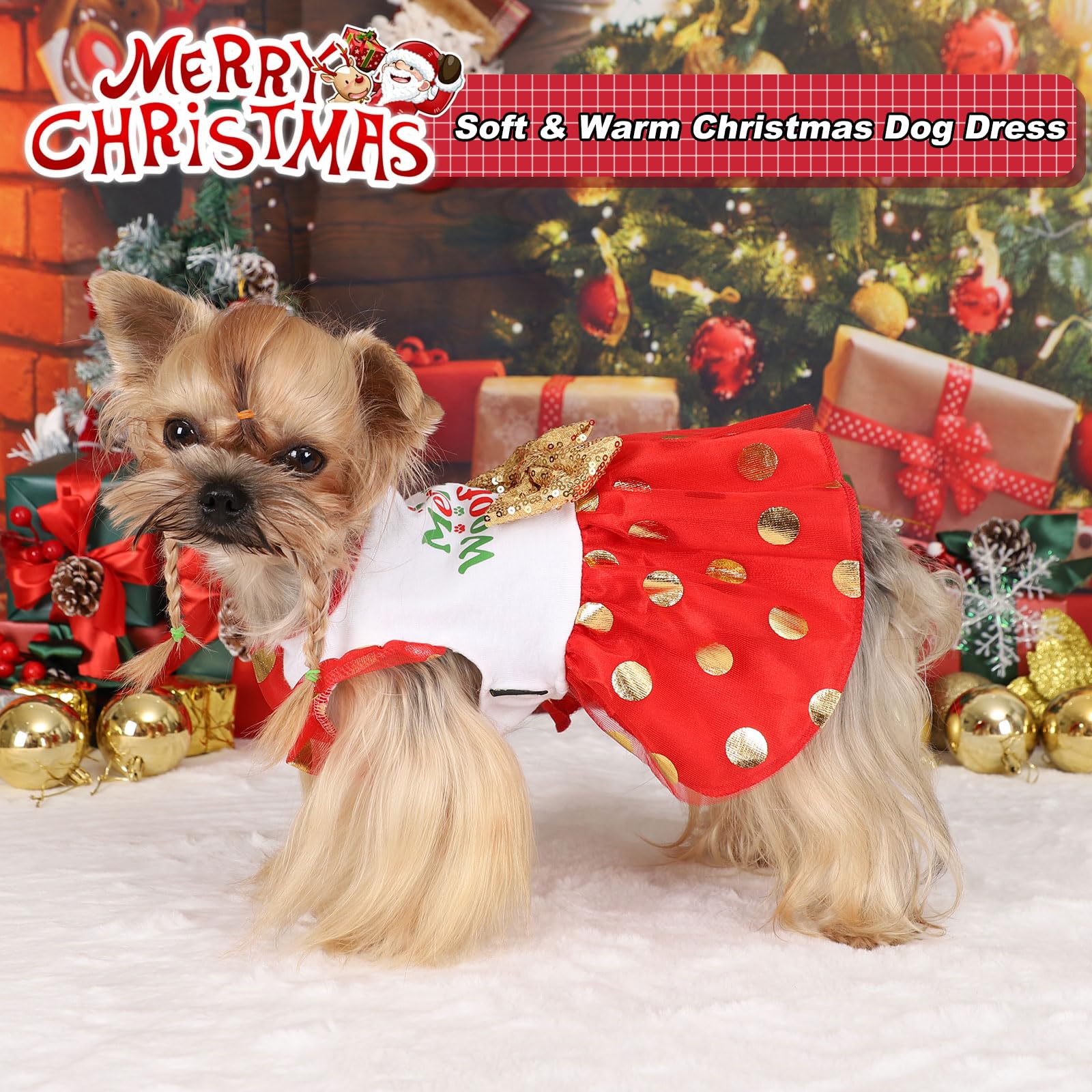 Yikeyo dog Christmas dress fabric close-up—breathable polyester for comfort.