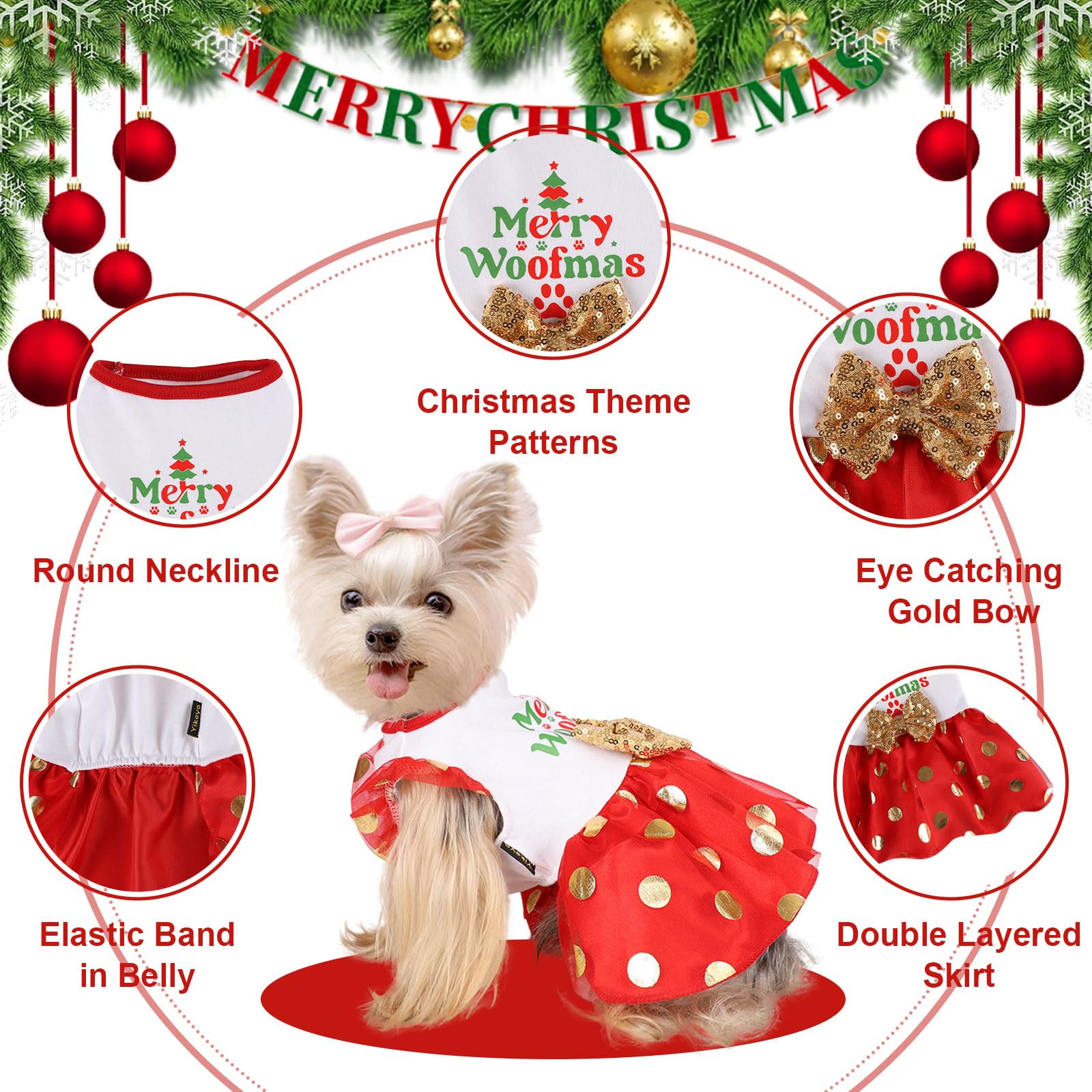 Yikeyo dog Christmas outfit bow detail—adds festive flair for holiday gatherings