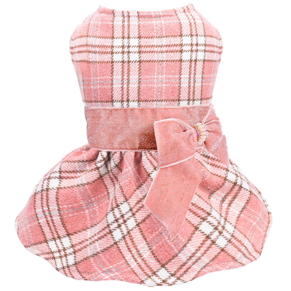 Yikeyo fleece-lined plaid dog dress pink with bow-knot, cozy warmth for chilly days