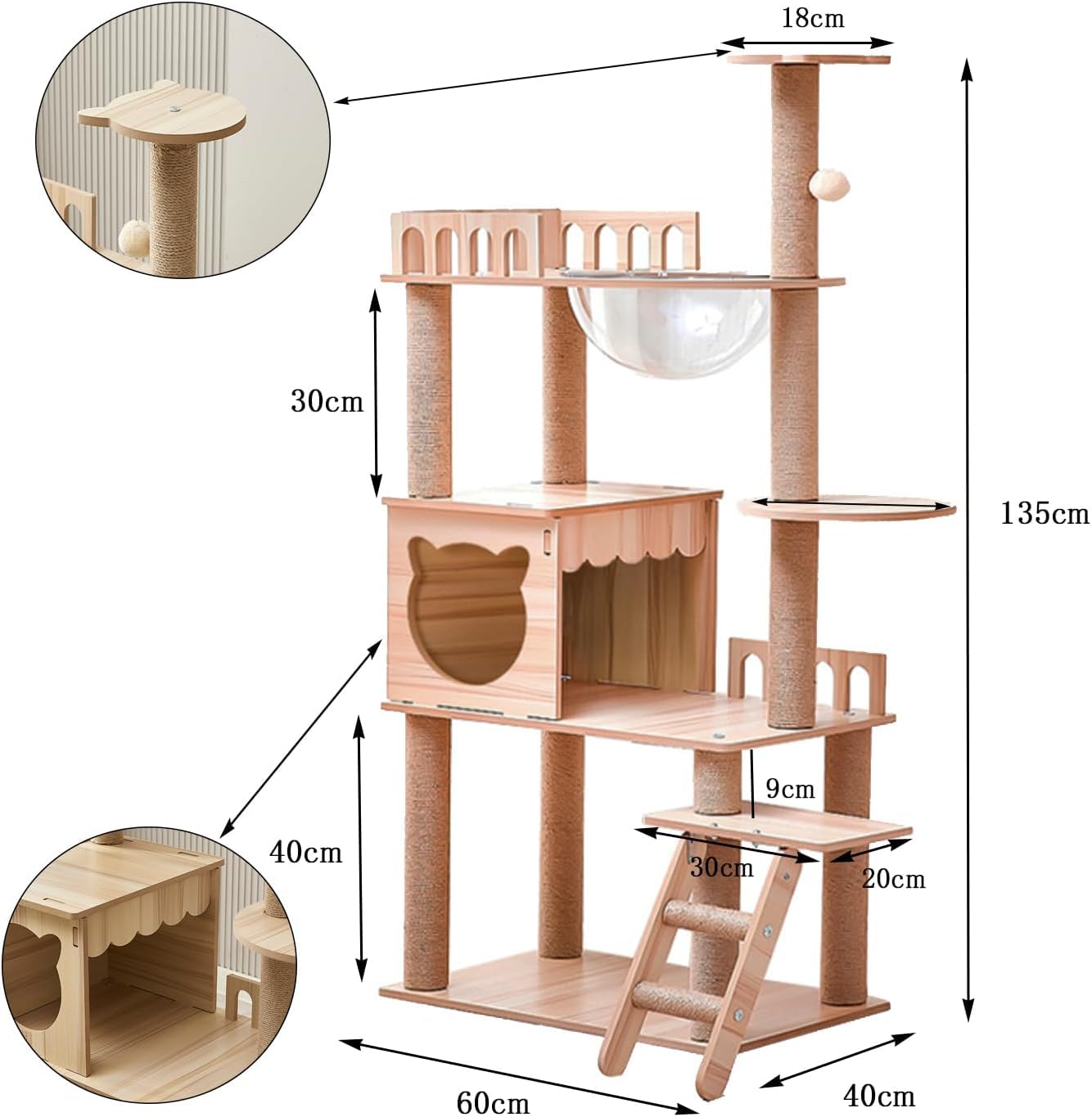 Yinanroa 54-inch cat tower wood finish close-up showing natural wood color and sturdy build