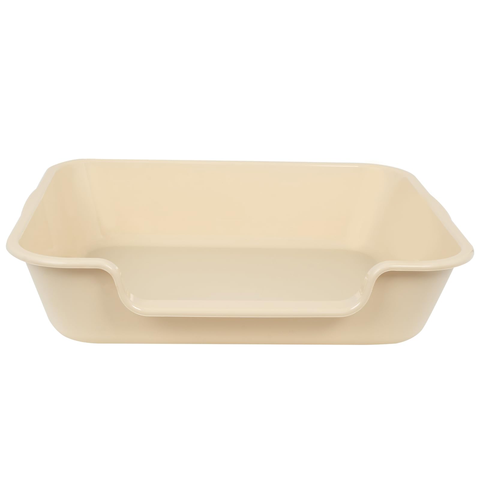 Ying Tutu extra-large litter box in beach sand, side profile highlighting low-entry design for mobility.