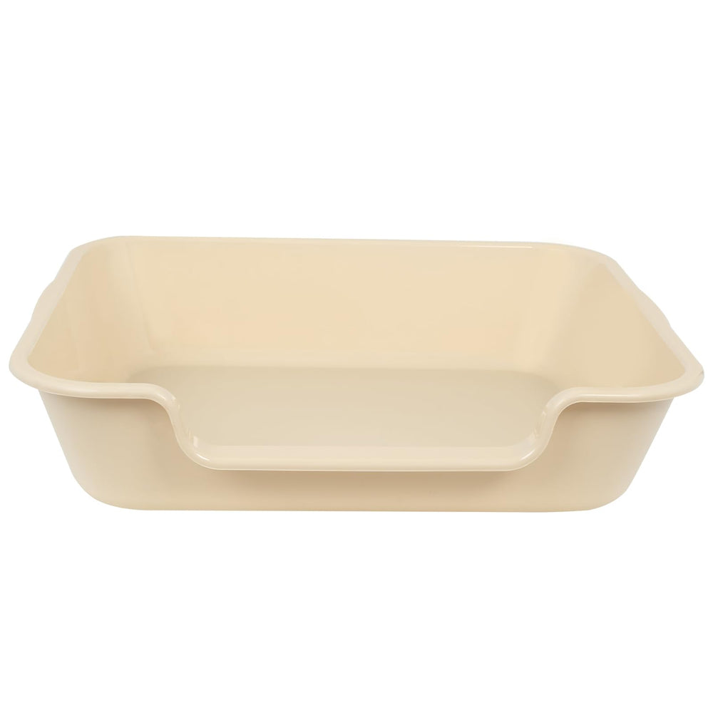 Ying Tutu extra-large litter box in beach sand, side profile highlighting low-entry design for mobility.