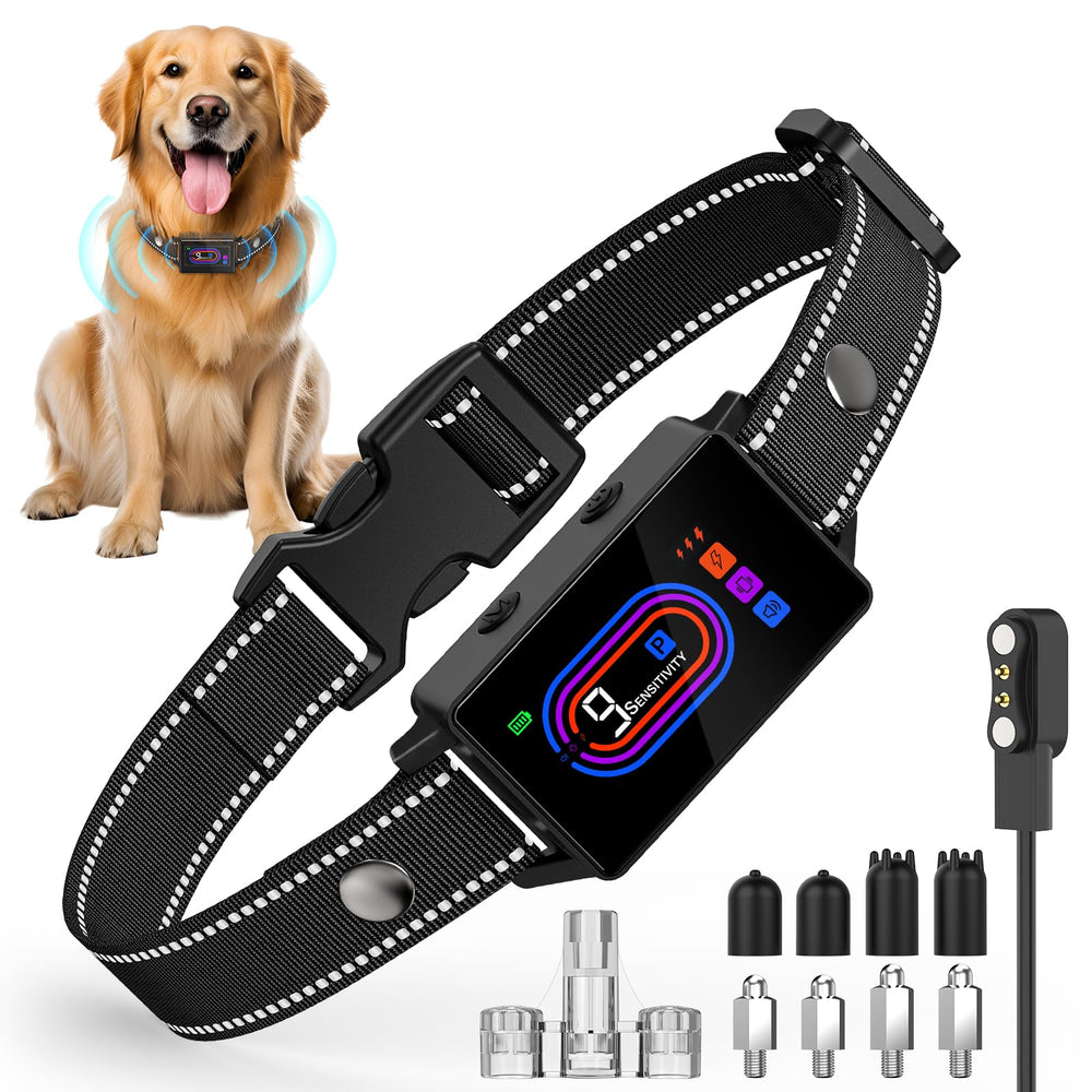 Yipilu dog bark collar front view showing humane training for quieter walks.