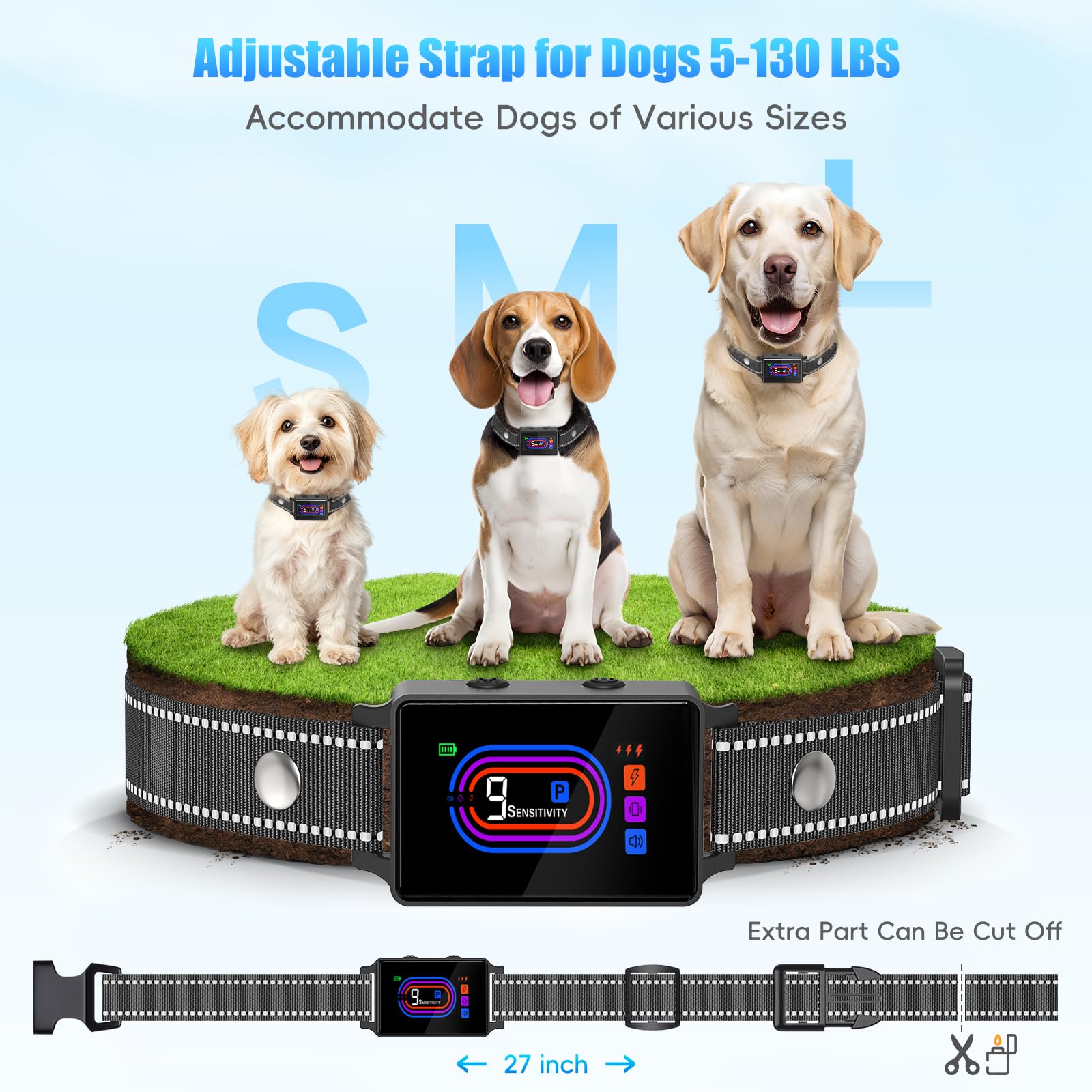 Yipilu dog bark collar side profile highlighting adjustable fit for multiple dog sizes.