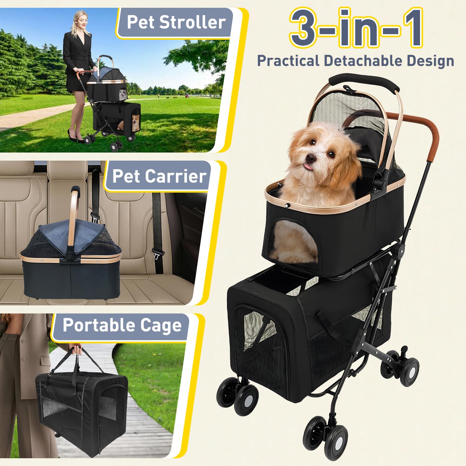 YIRCELOM pet stroller safety straps and brakes in action