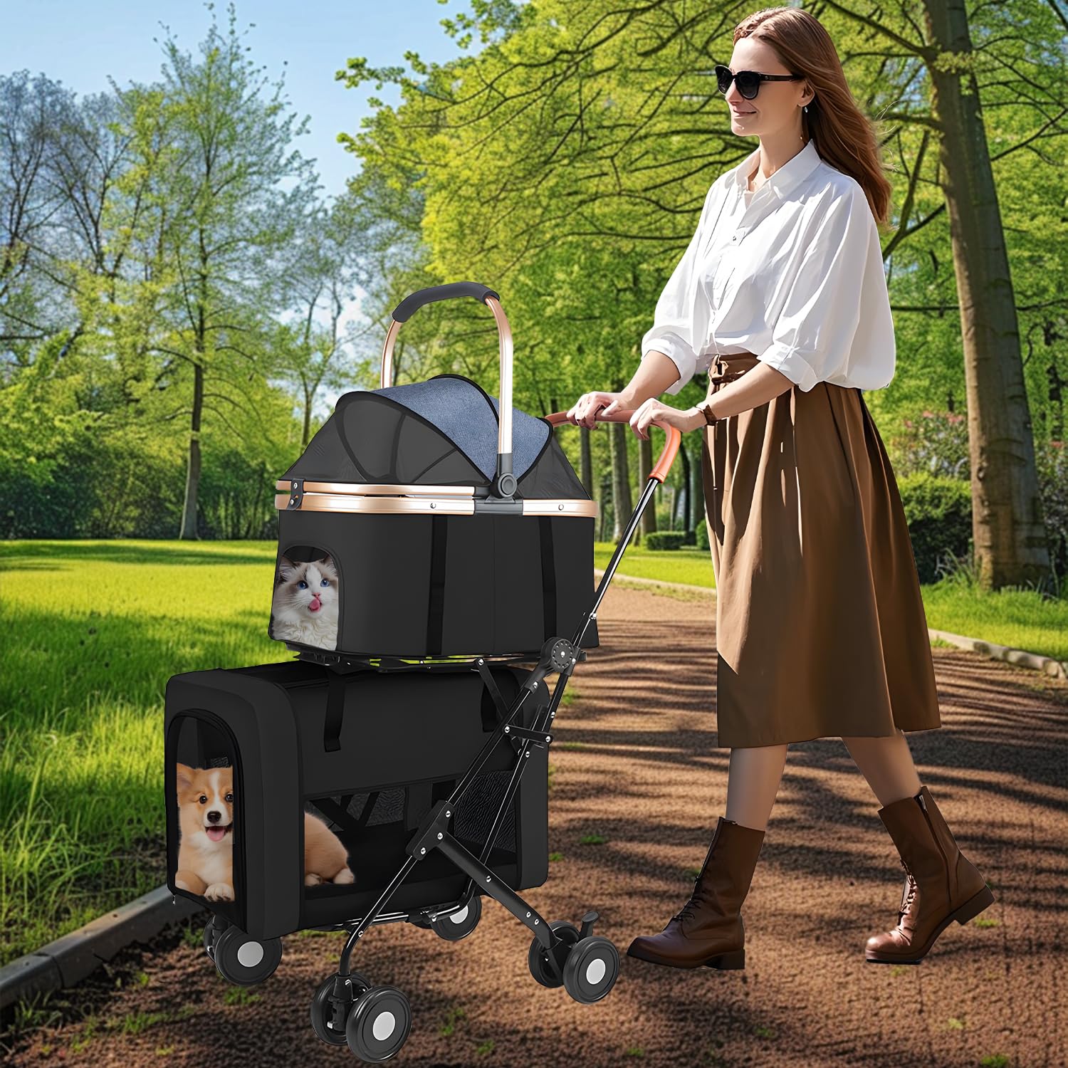 YIRCELOM three-in-one usage showing stroller, carrier, and cart
