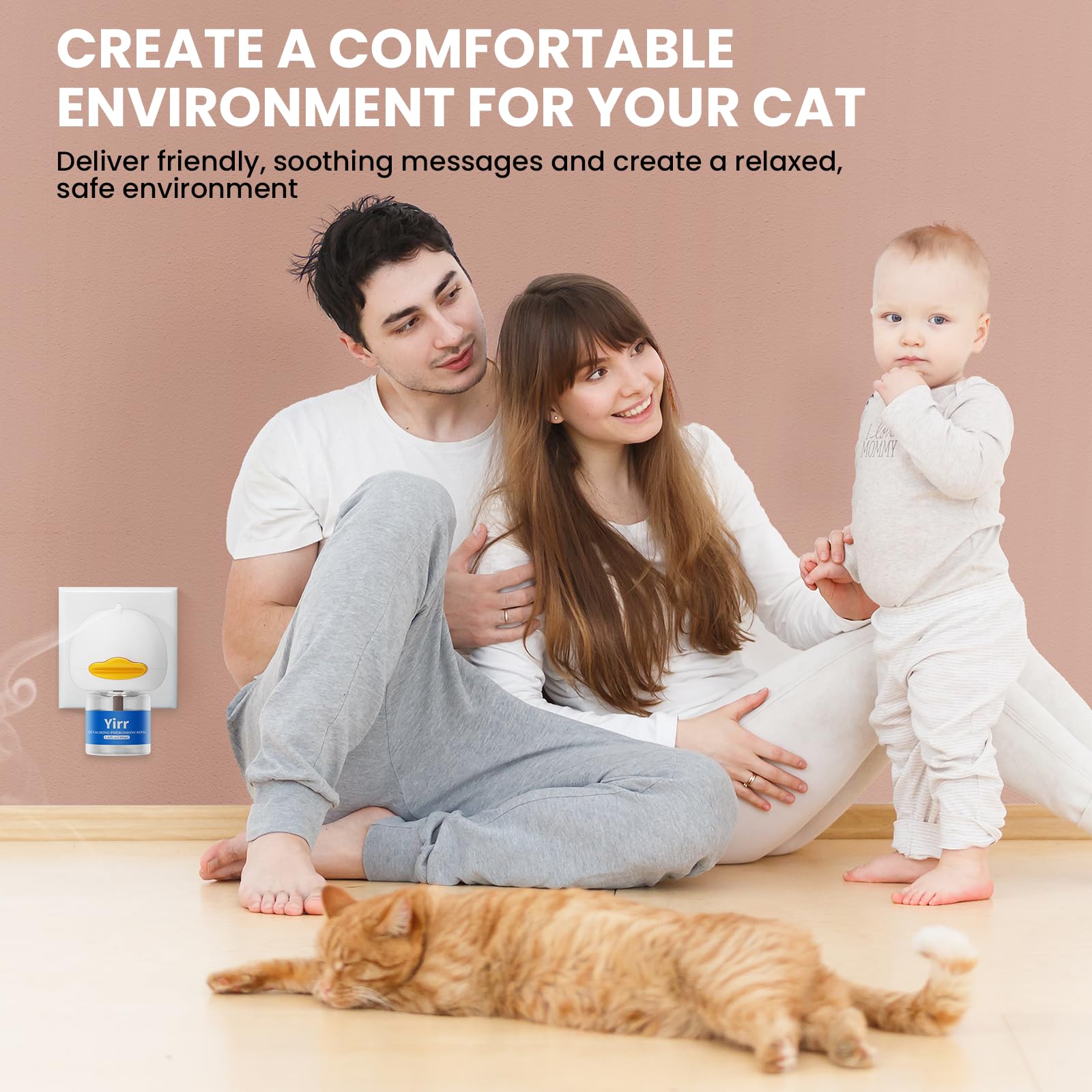 Yirr cat calming diffuser coverage area demonstrates room-wide calming up to 700 sq ft.