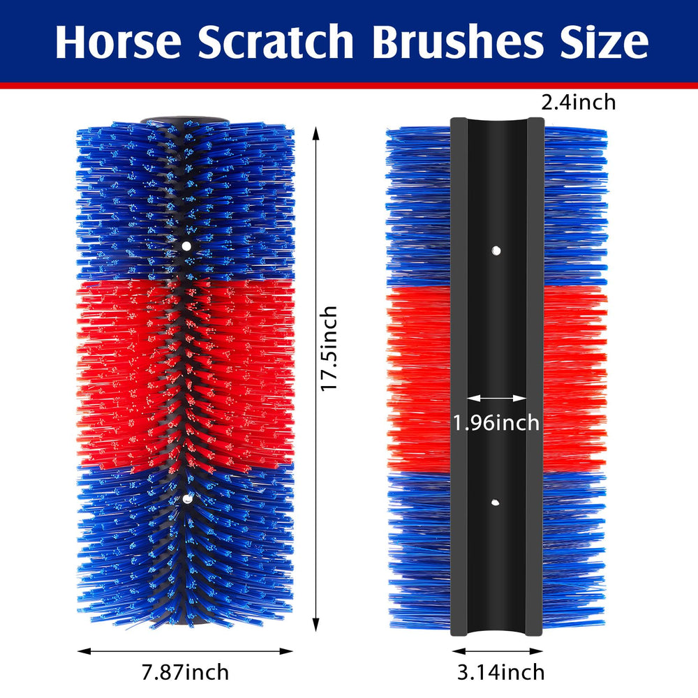 Yiyiring horses and cattle in grooming action using colorful brush highlighting practical use.