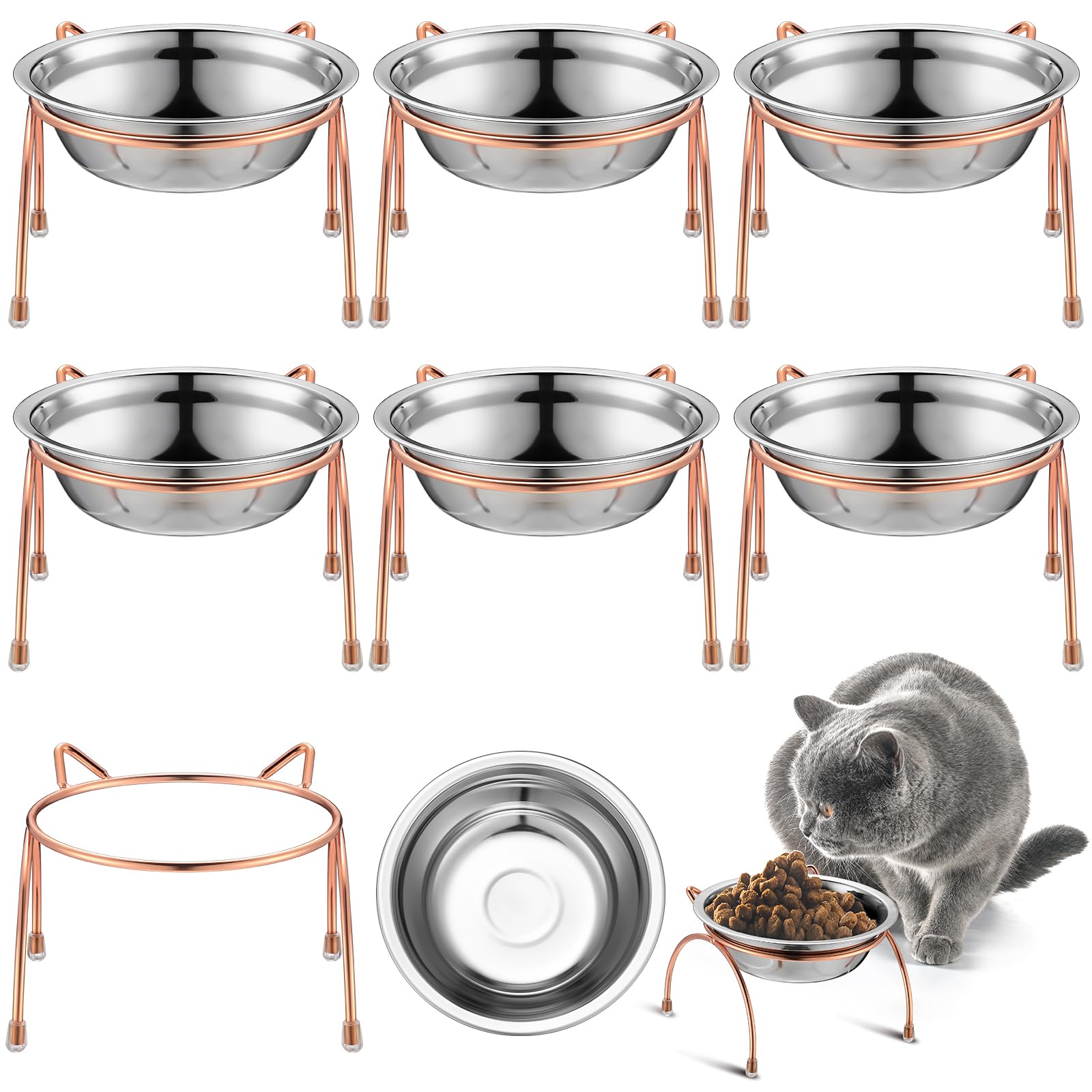 Yiyiring rose-gold elevated cat bowls 6-set main image showing stylish feeding station for multi-cat homes.