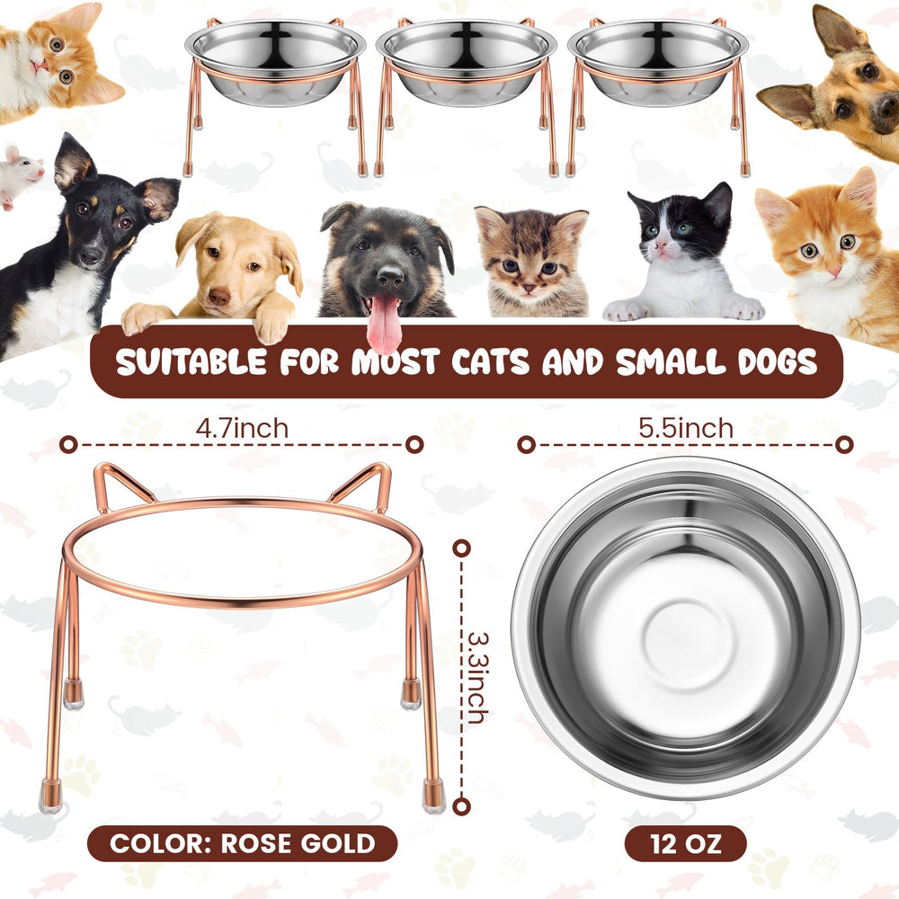 Yiyiring rose-gold elevated cat bowls closeup—durable stainless steel for easy cleaning.