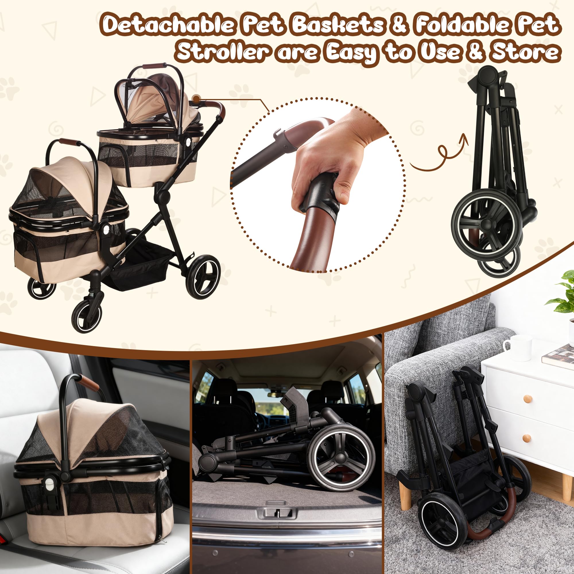 YIYUNBEBE foldable double stroller interior safety rope secures pets during ride