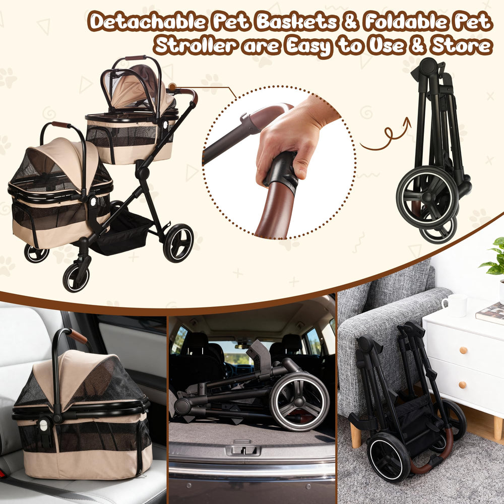 YIYUNBEBE foldable double stroller interior safety rope secures pets during ride