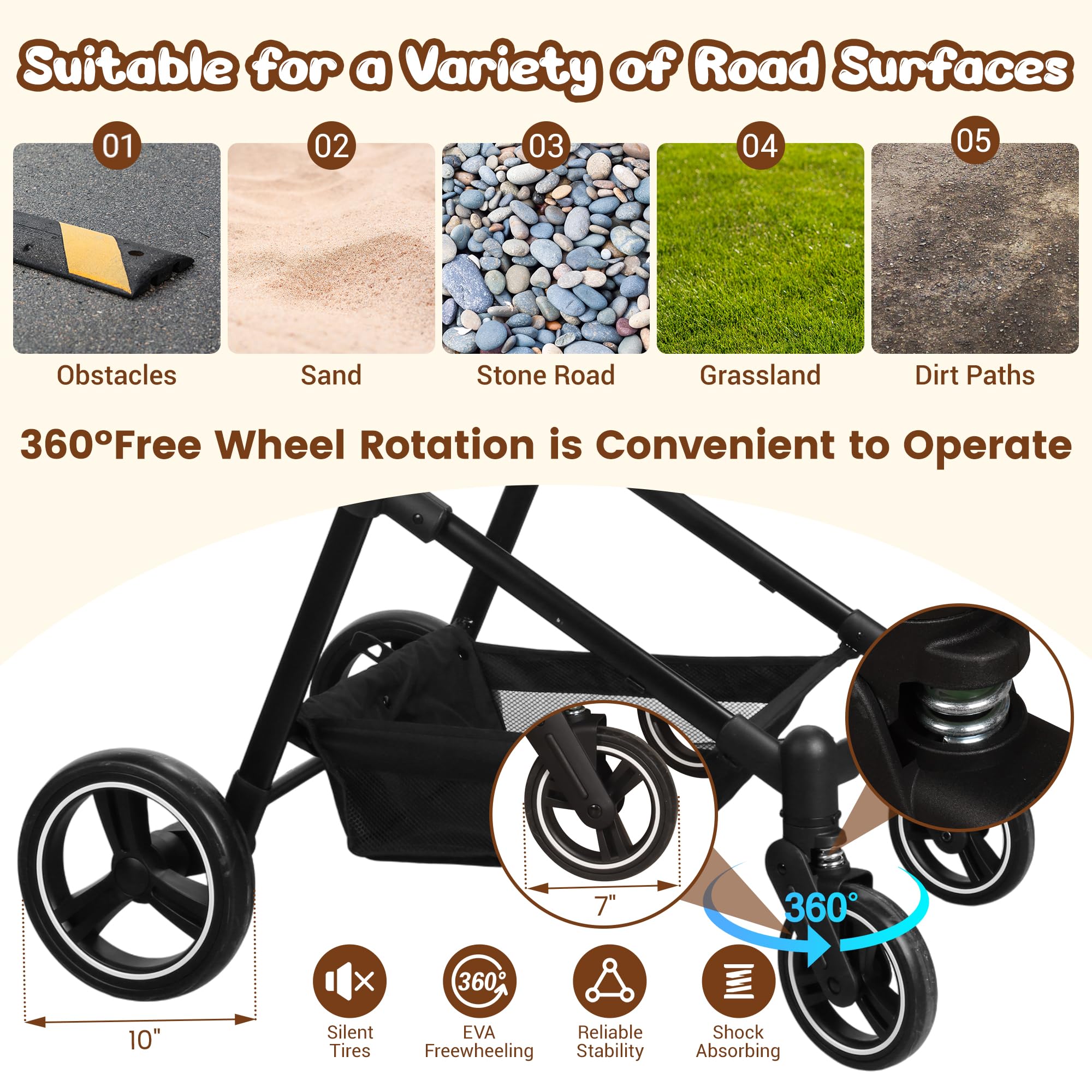 YIYUNBEBE foldable double stroller rear wheels suspension ensures smooth rides