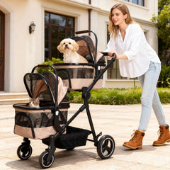 YIYUNBEBE foldable double pet stroller side view shows portability