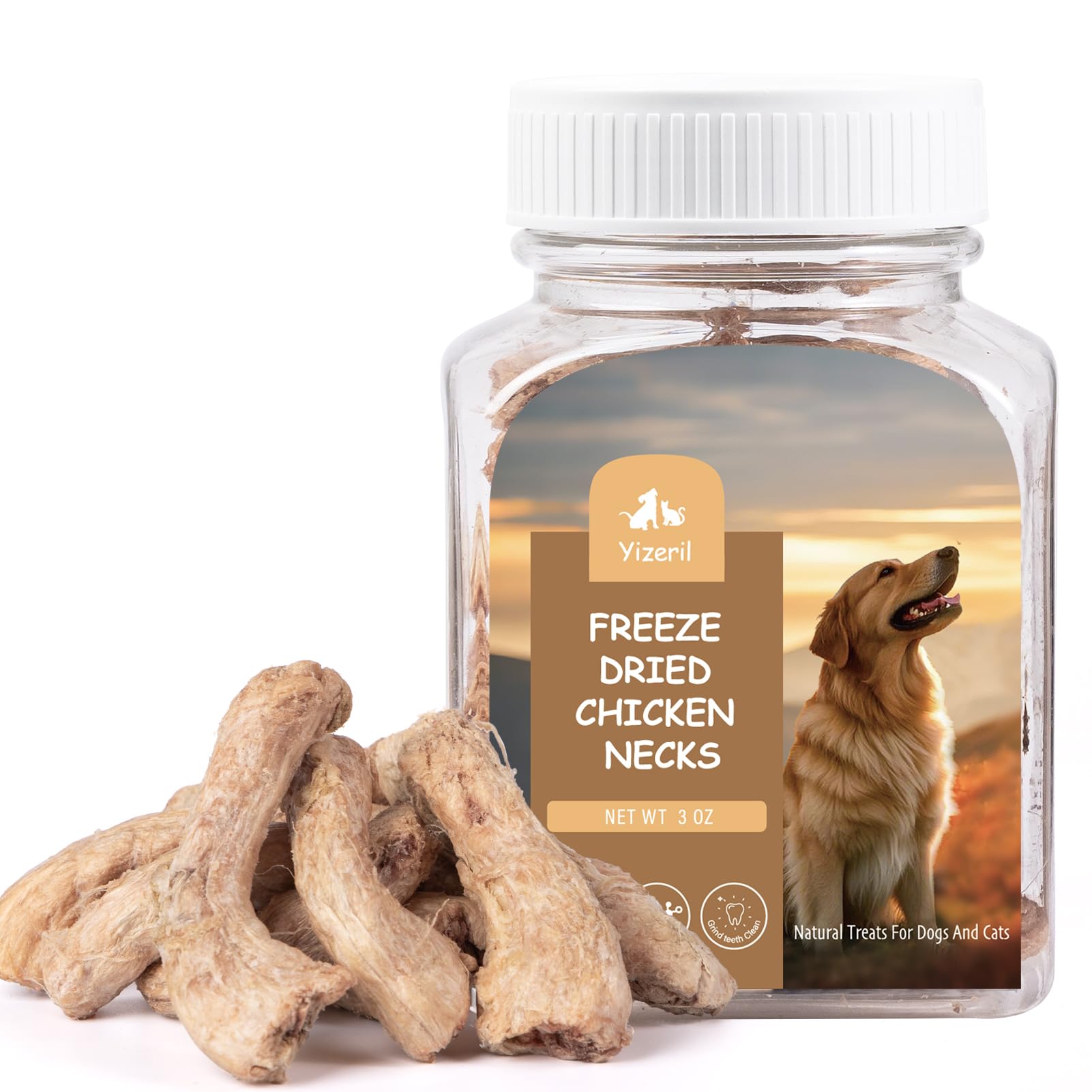 Yizeril freeze-dried chicken necks on a tray showcase high-protein pet snack.