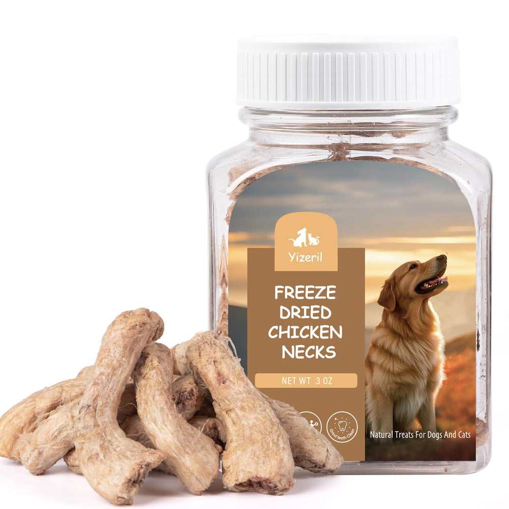 Yizeril freeze-dried chicken necks on a tray showcase high-protein pet snack.