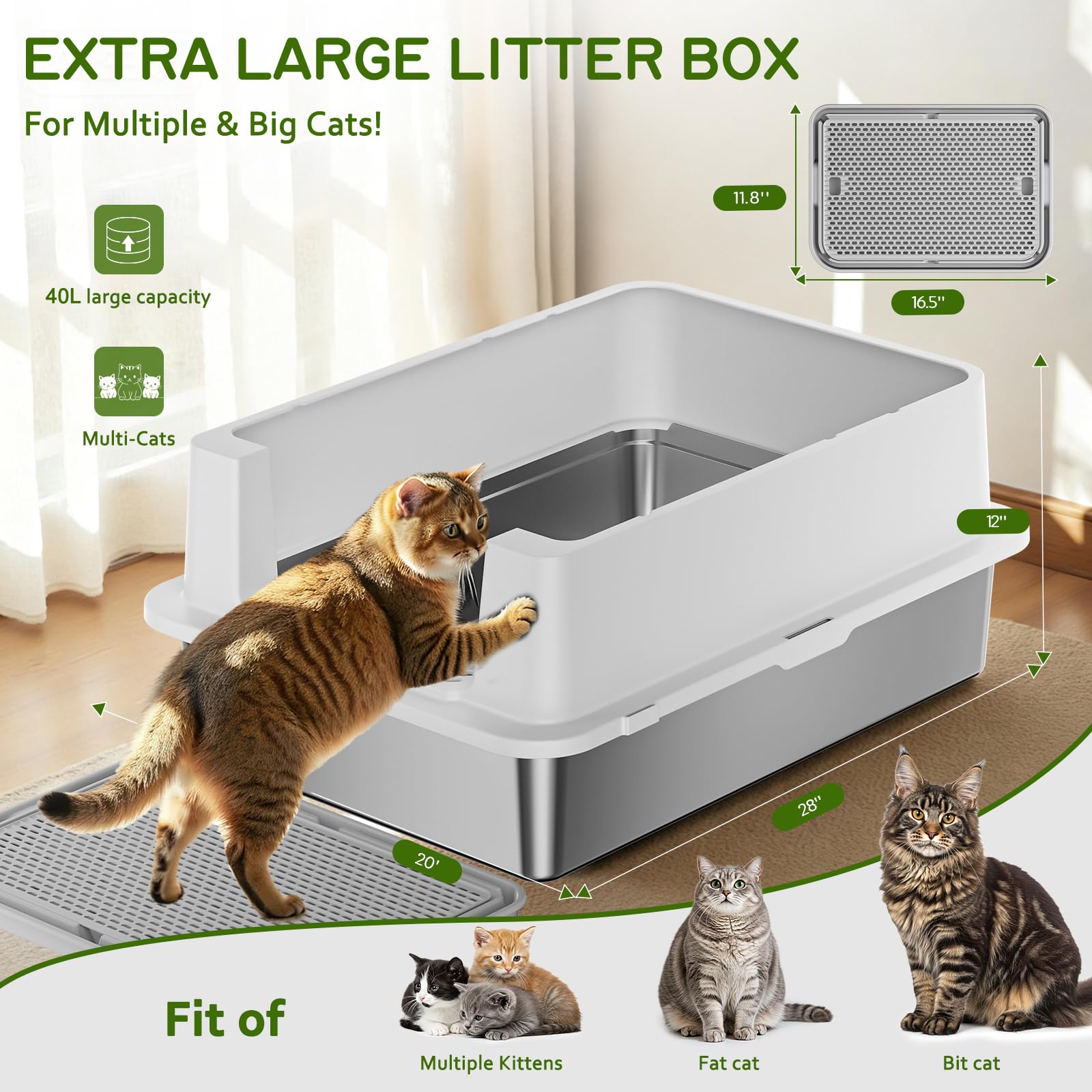 YIZFERN stainless steel litter box top view highlights large filling area
