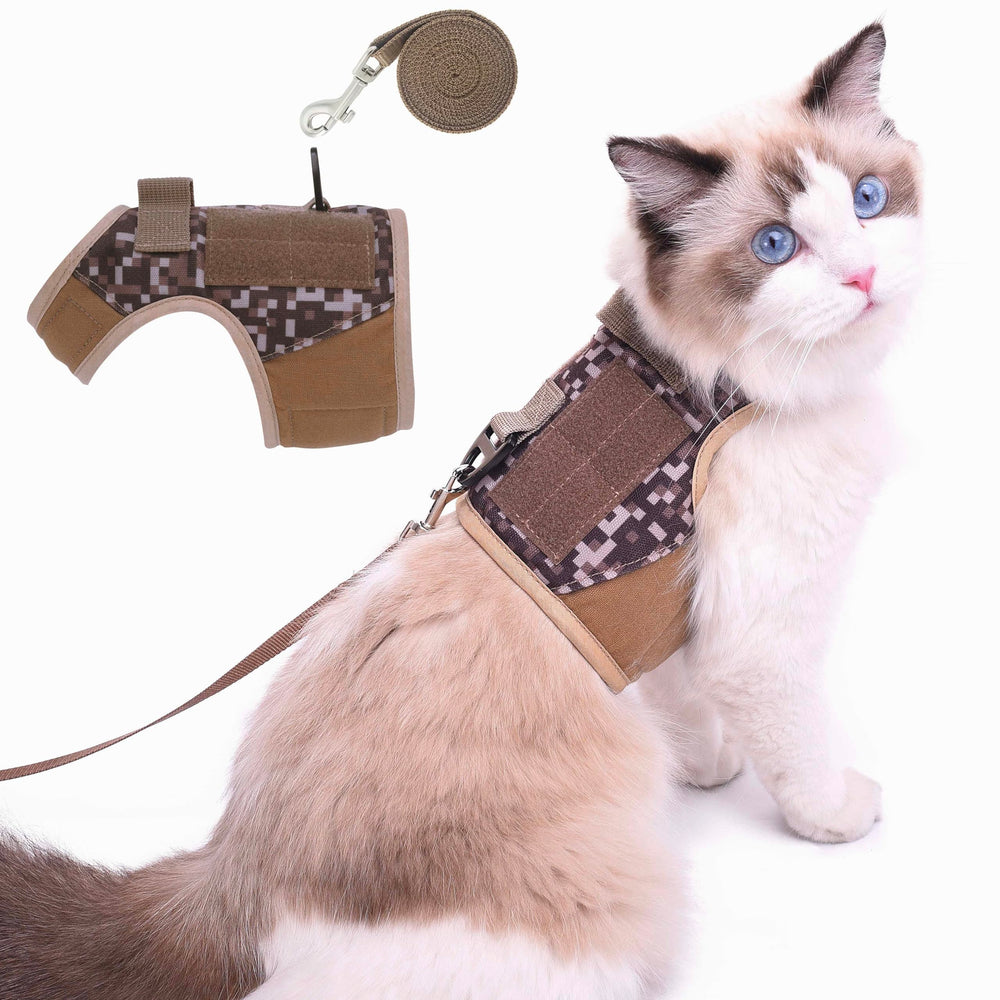 YIZHI MIAOW tactical cat harness in desert camo for secure outdoor walks with escape-proof design.