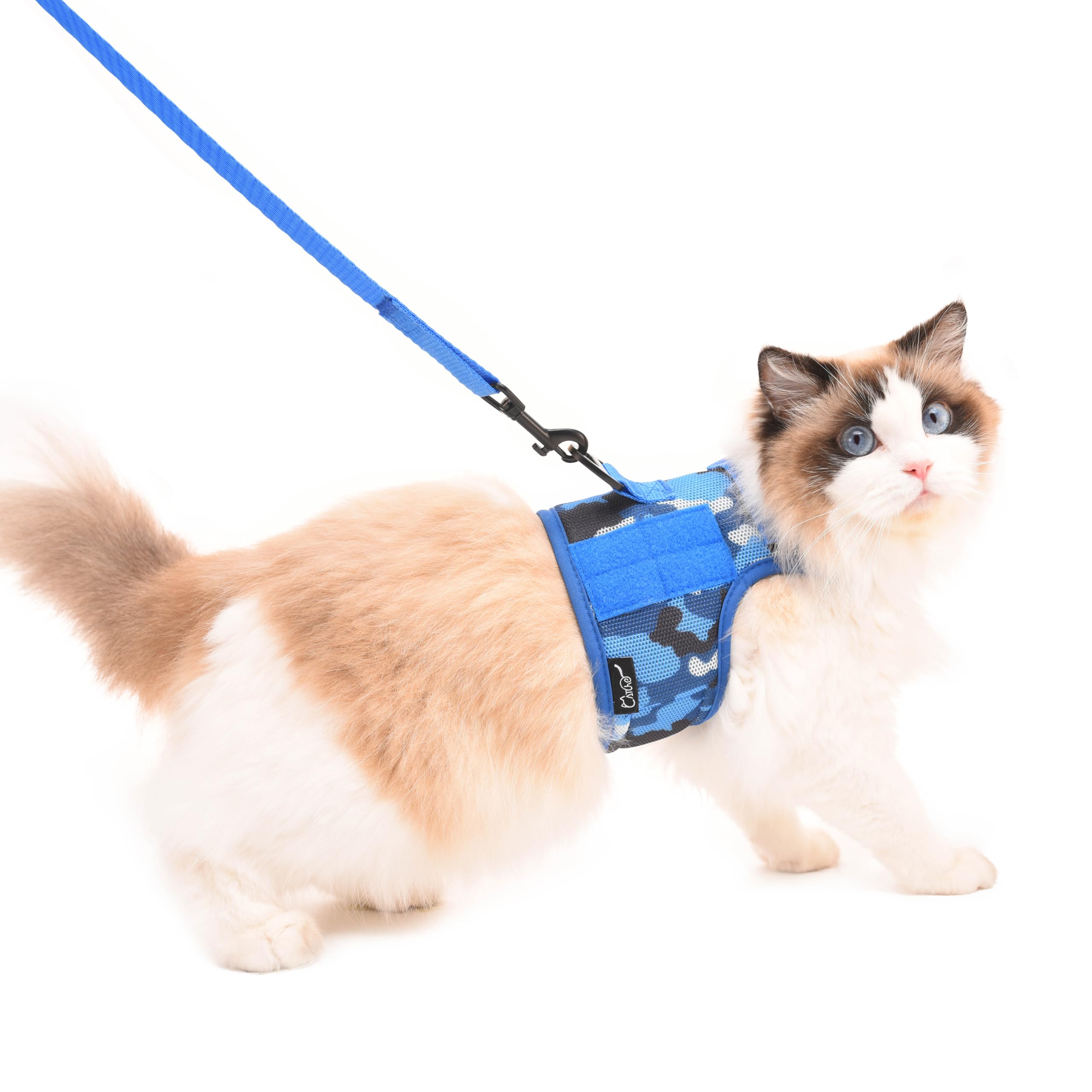 YIZHI MIAOW tactical cat harness ocean camo – front view for secure neighborhood walks.