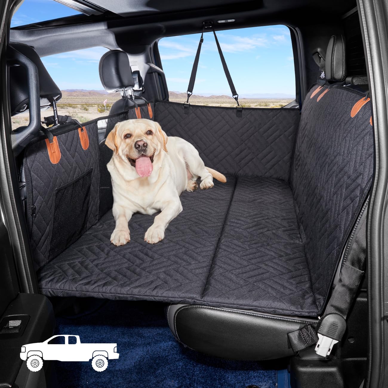 YJGF back-seat extender bed setup creates extra travel space for dogs.