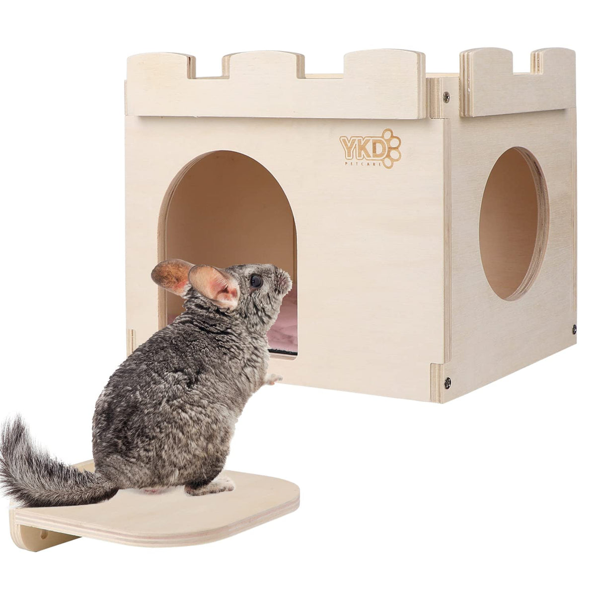 YKD Castle Chinchilla House exterior offers a natural wood hideout for a calming retreat.