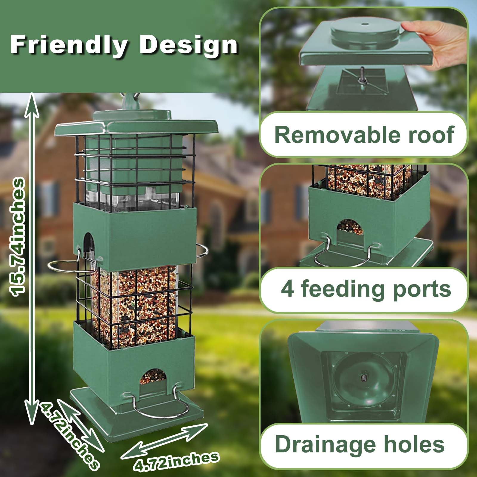 YLTIMER bird feeder four feeding ports green detail for multiple birds