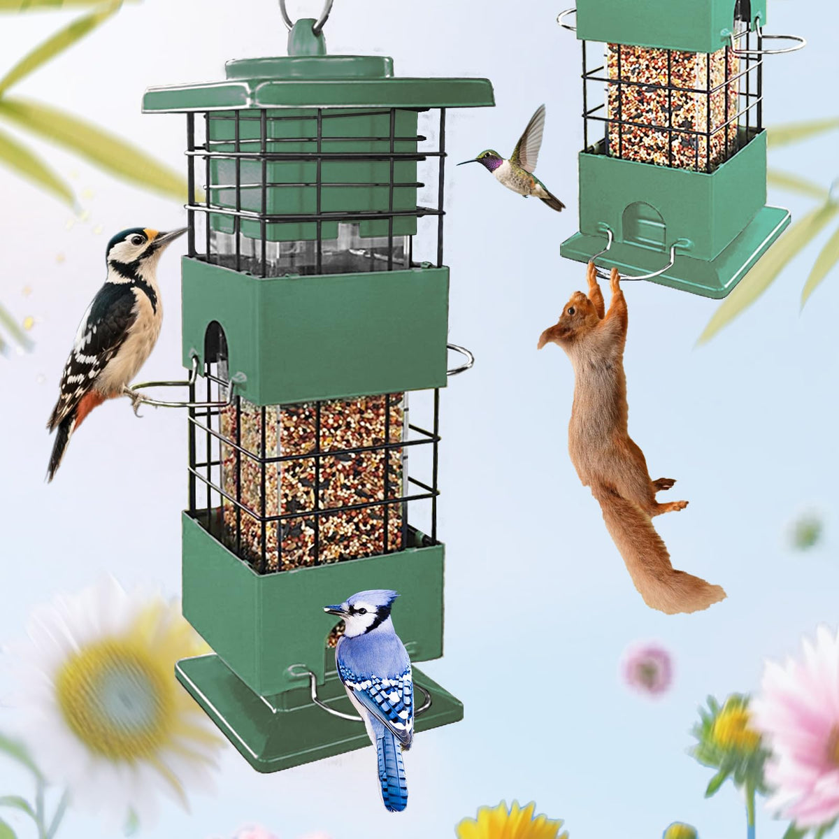 YLTIMER bird feeder front view with weight-activated protection for seeds