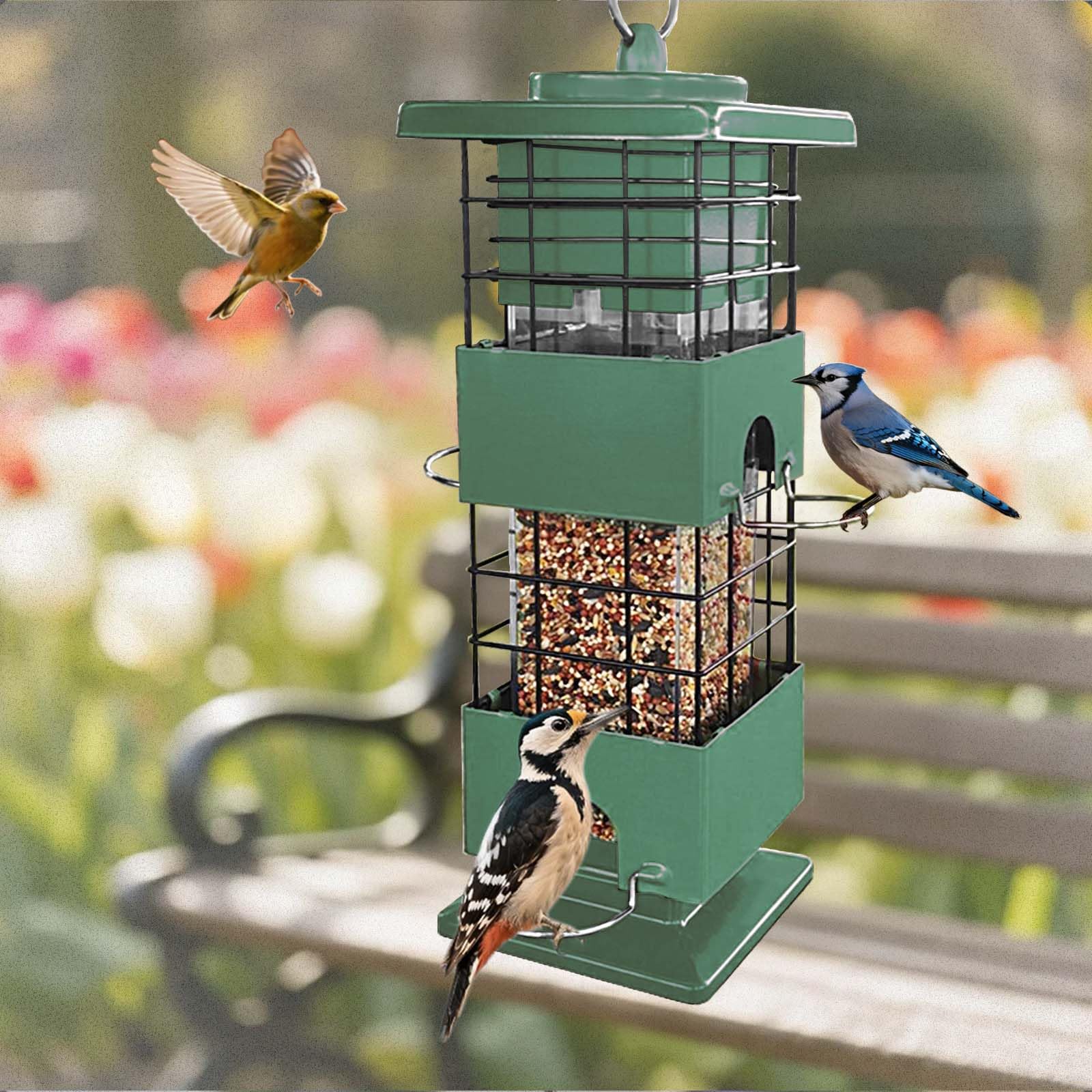 YLTIMER bird feeder weight-activated mechanism green keeps seed for feathered visitors