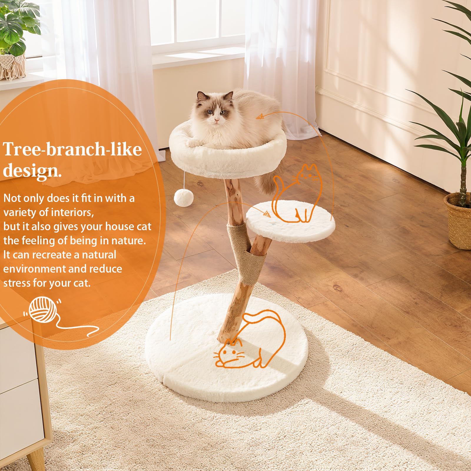 YOCAN cat tree featuring a hanging ball toy for playful, interactive activity