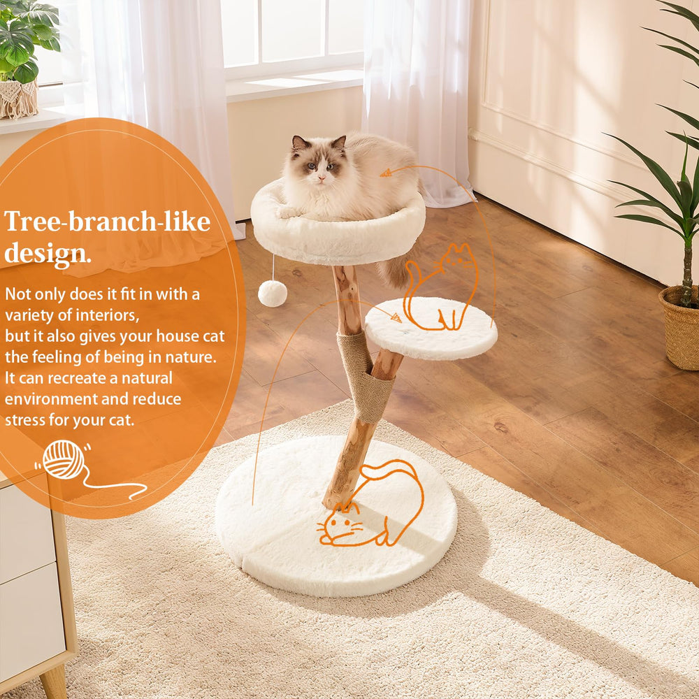 YOCAN cat tree featuring a hanging ball toy for playful, interactive activity