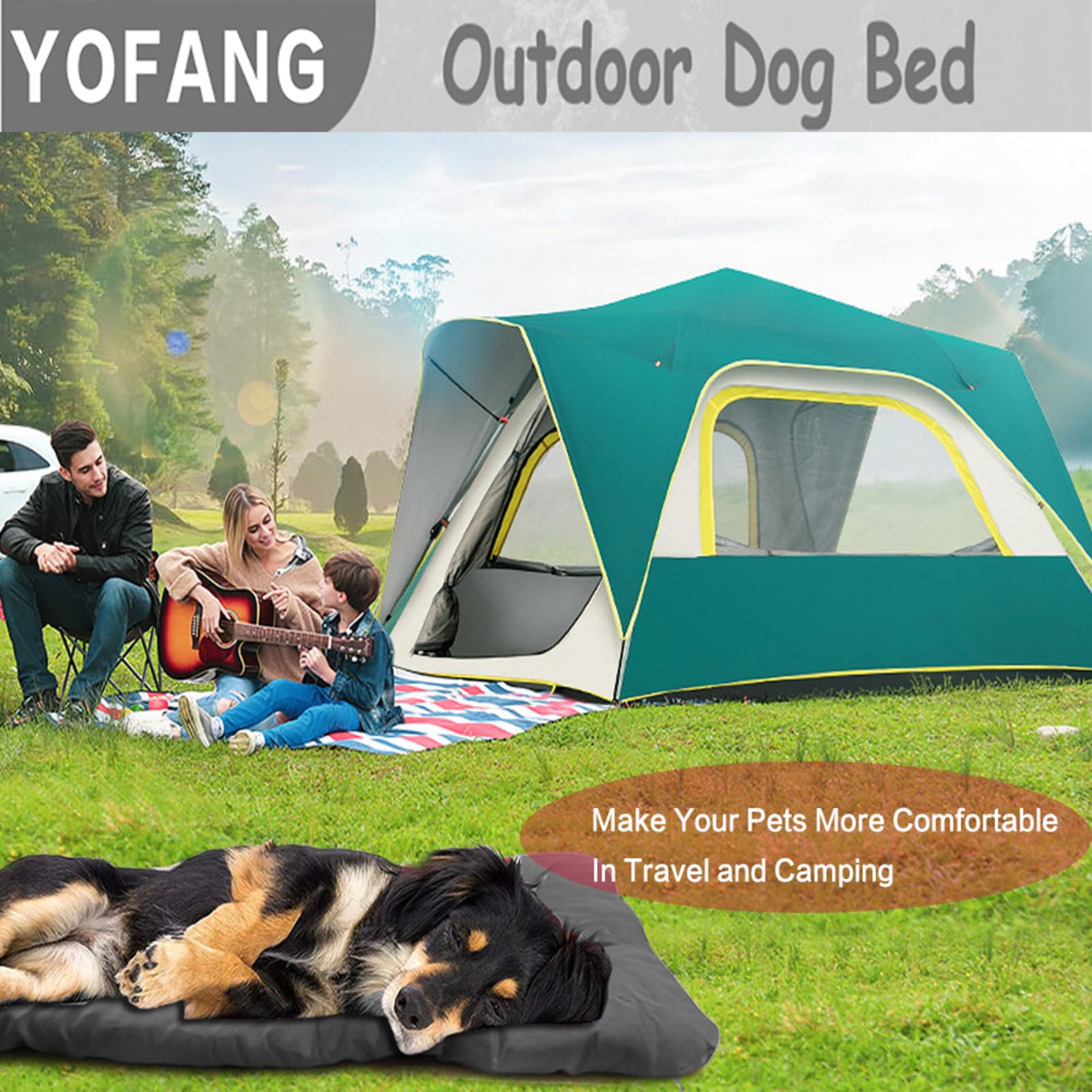 YOFANG outdoor travel dog bed expanded to show roomy 36x25 inch space