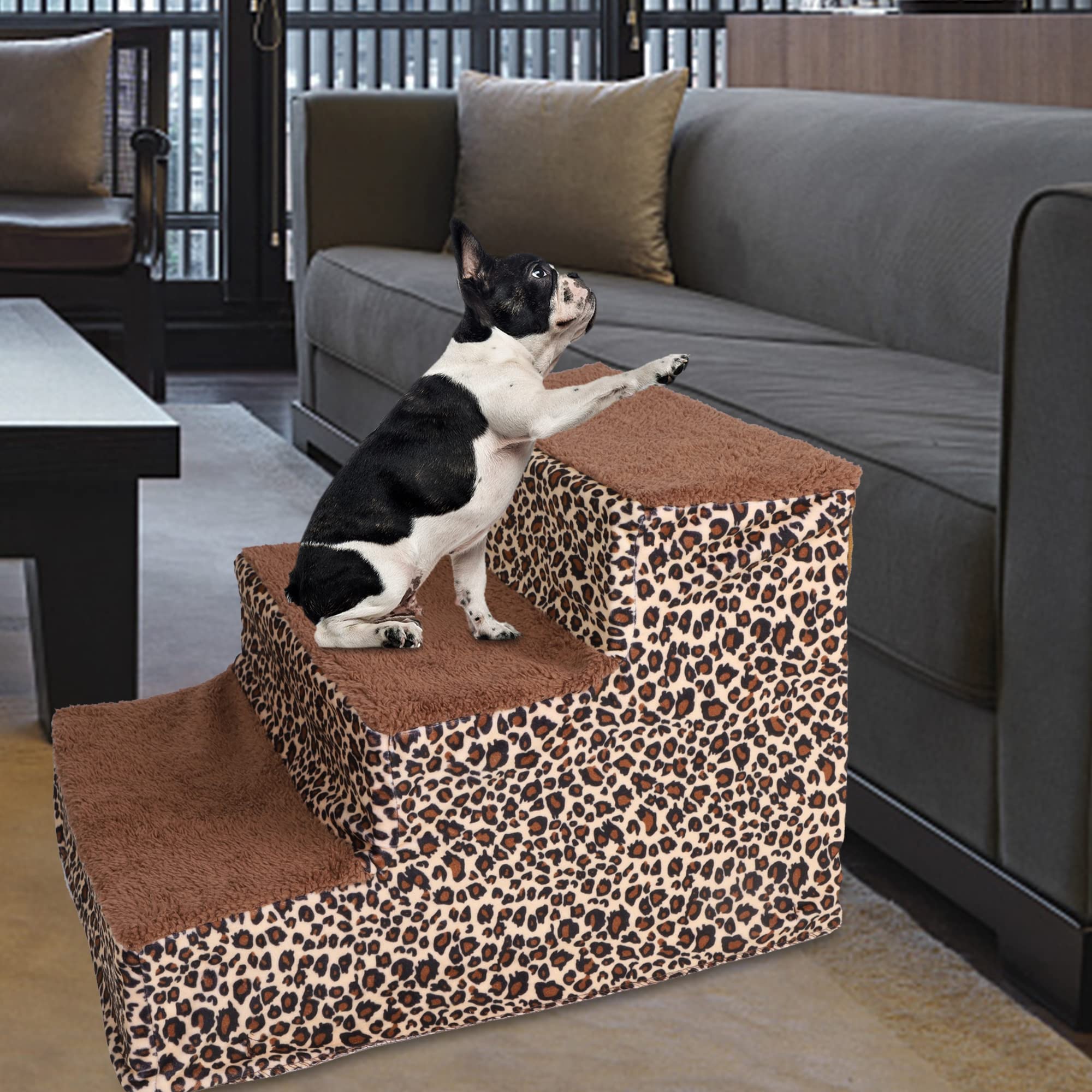 YOFIT Doggy Steps dog-ascending captures small to medium pets using stairs confidently.
