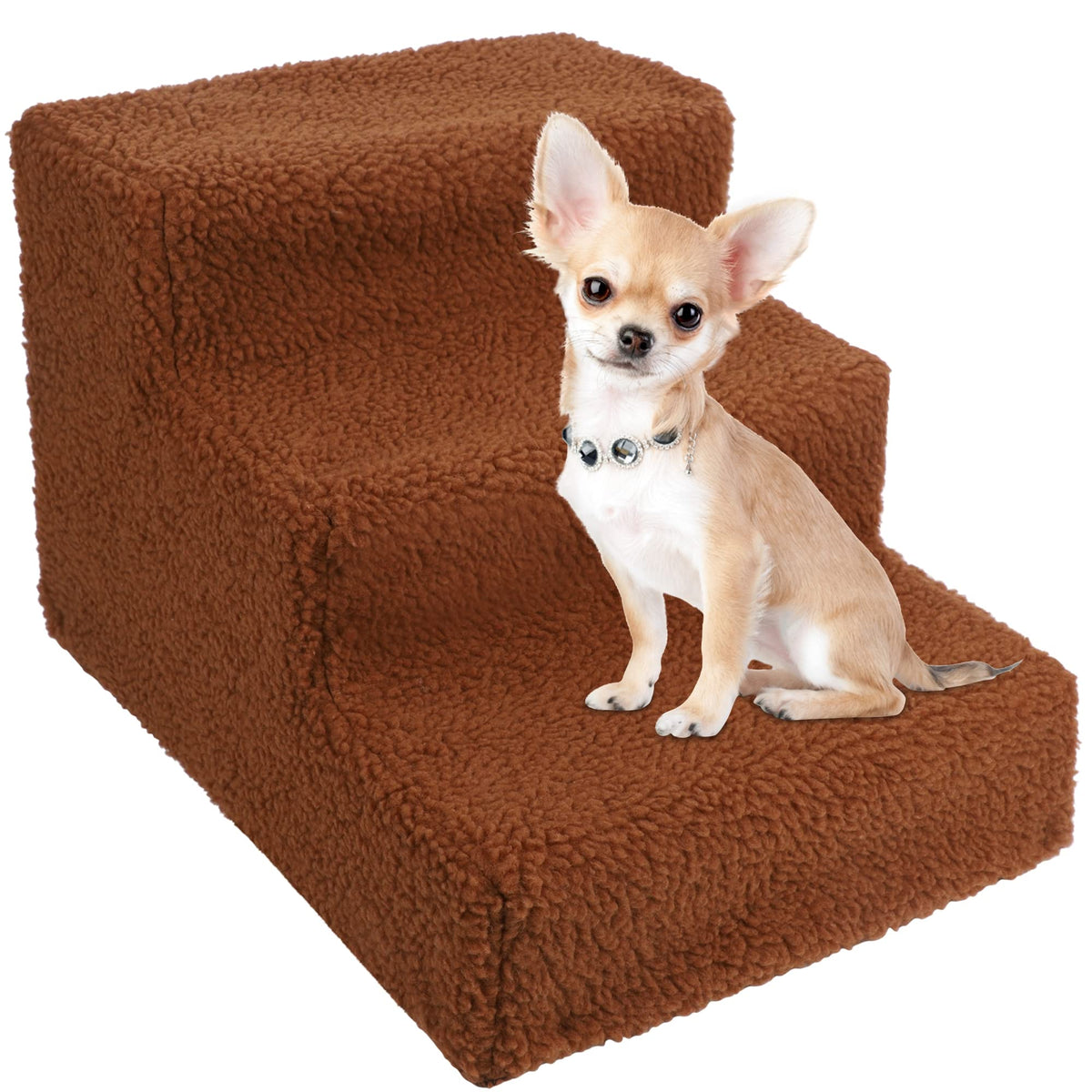 YOFIT Doggy Steps non-slip 3-step stairs in brown for safe indoor access on carpets.