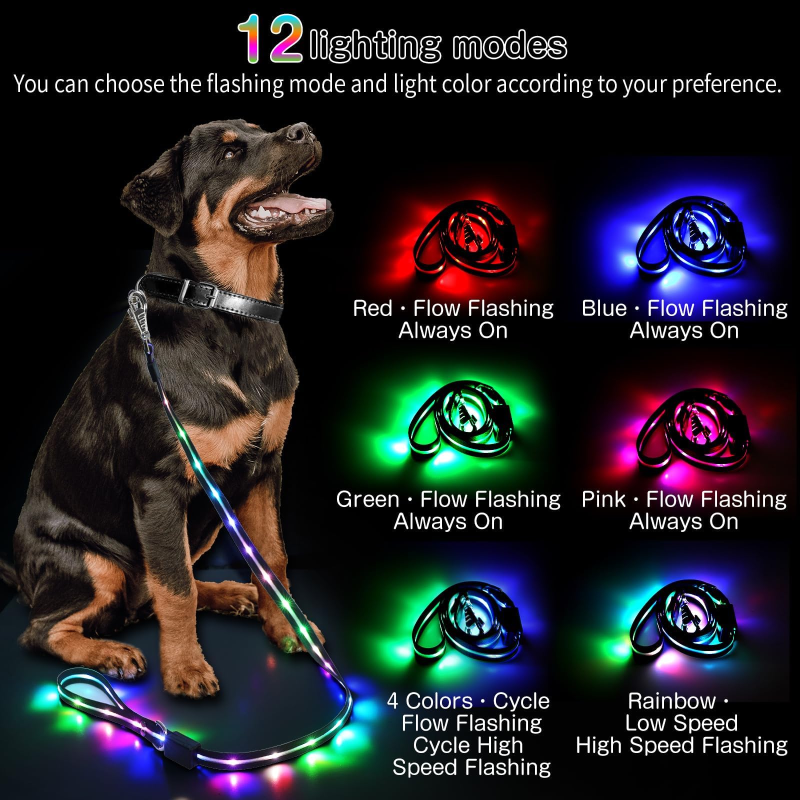 Yoheueoa LED leash shows 12 modes and colors during an evening walk.