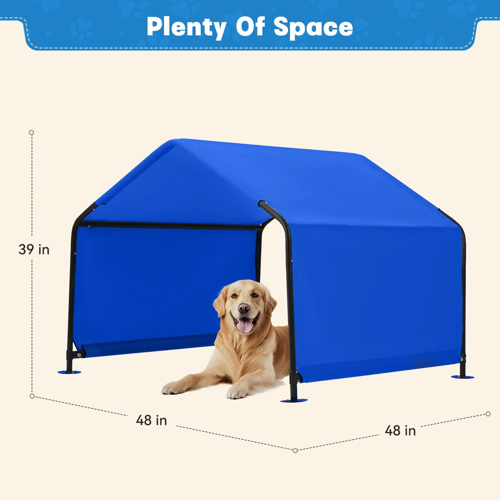 Yokaniwa dog shade shelter includes ground stakes for stability outdoors.