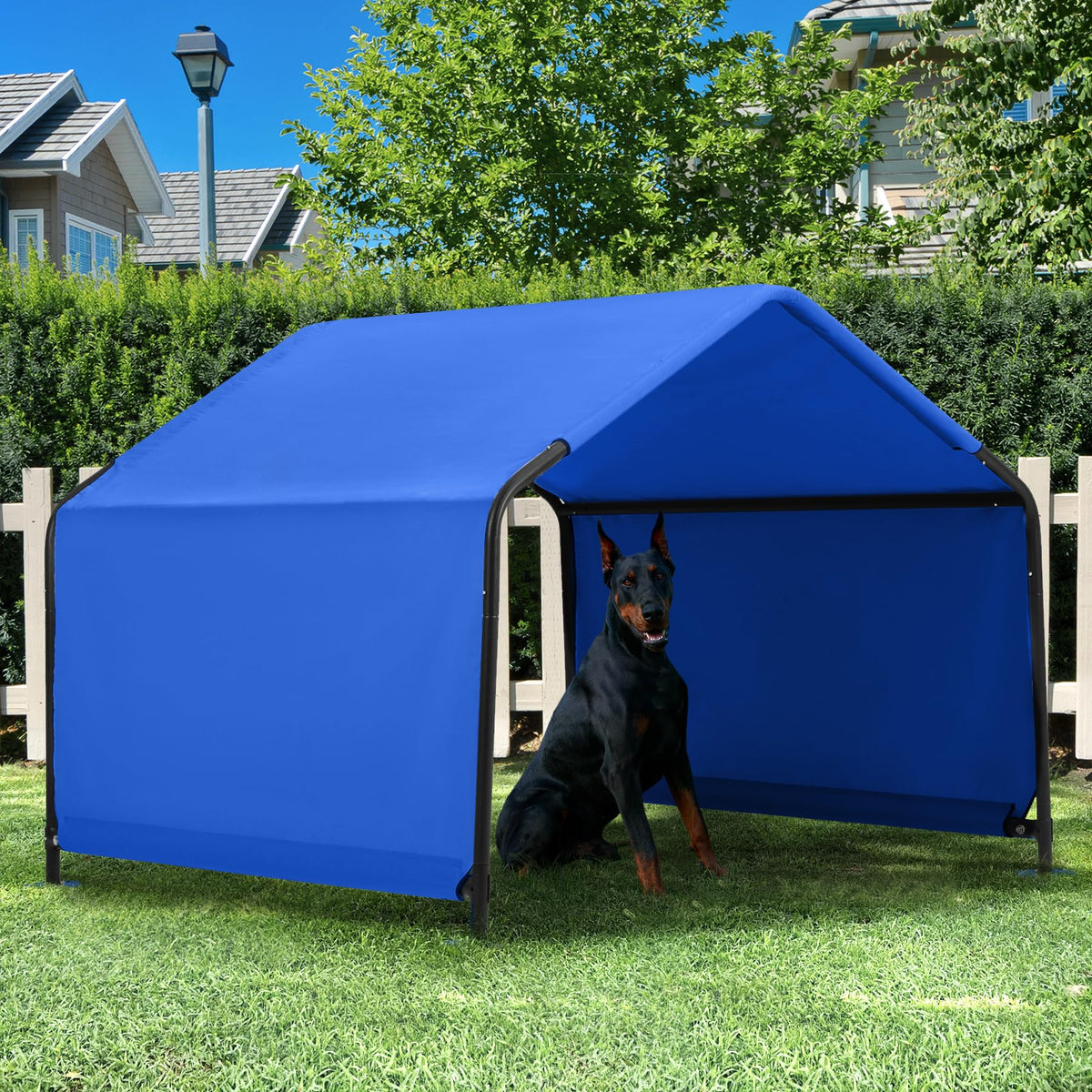 Yokaniwa dog shade shelter blue frame outdoors provides cooling shade.