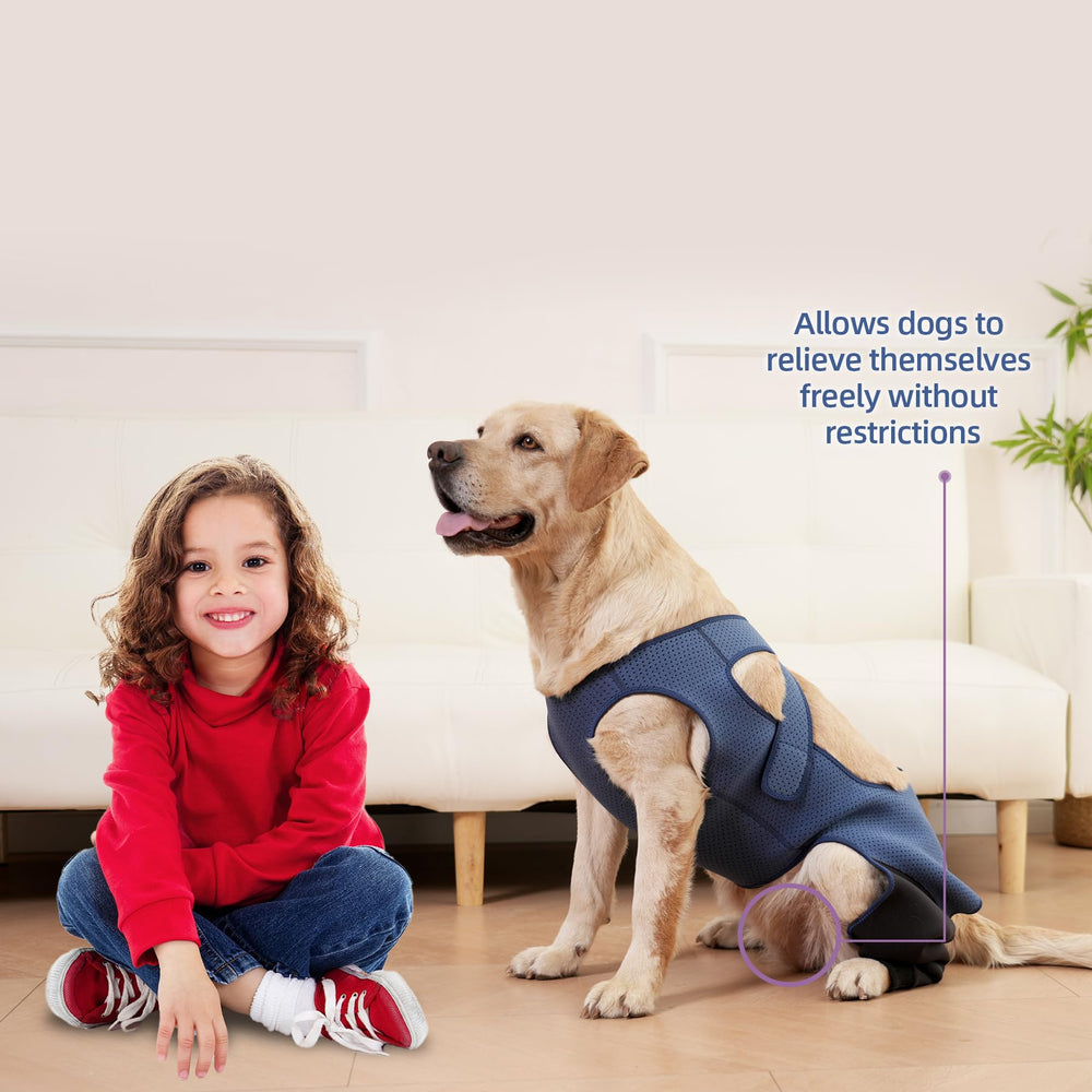 Yoneba dog recovery sleeve v-shaped stitching reduces friction for comfort.