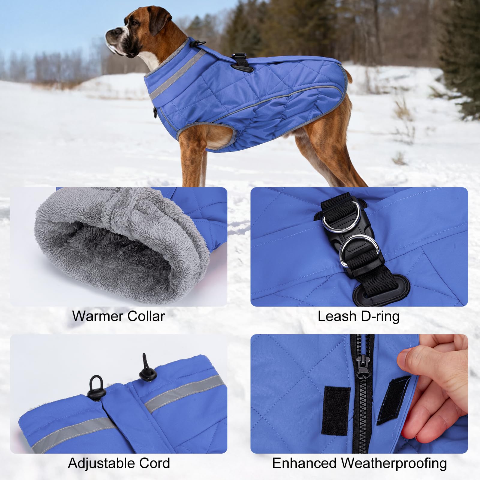 Yoochee dog coat high-neck collar detail helps shield neck from wind and cold.