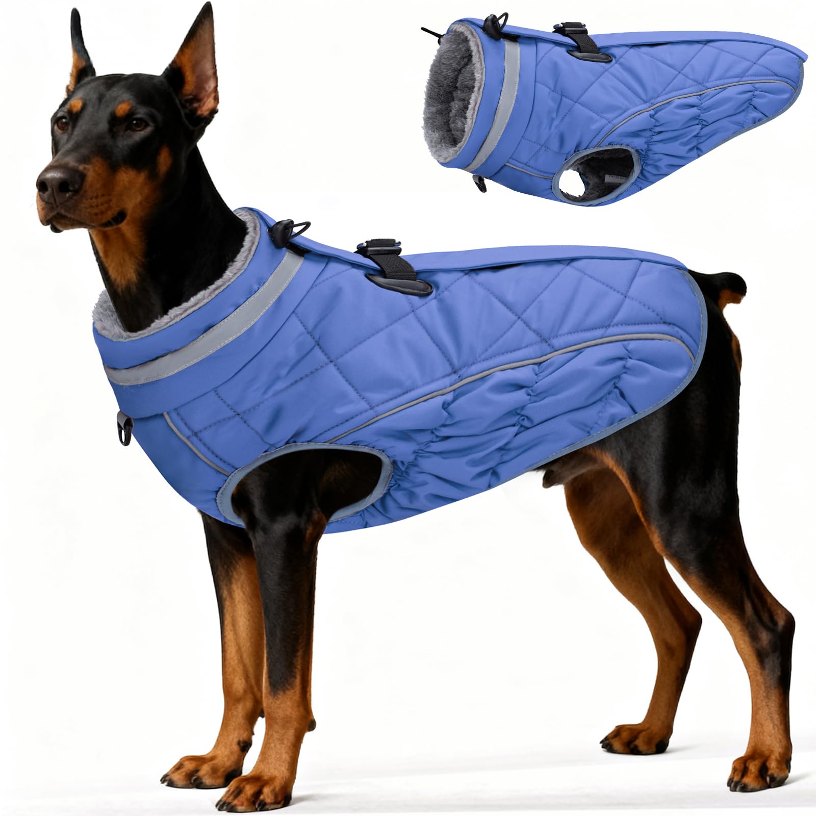 Yoochee dog coat plush lining closeup highlights cozy warmth for cold walks.