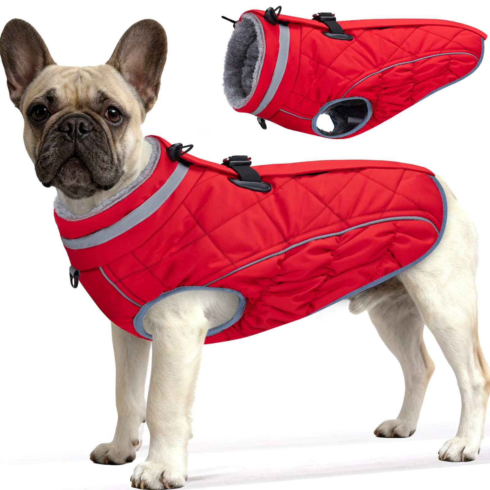 Yoochee dog coat front view shows warm fleece lining and snug waterproof fit.