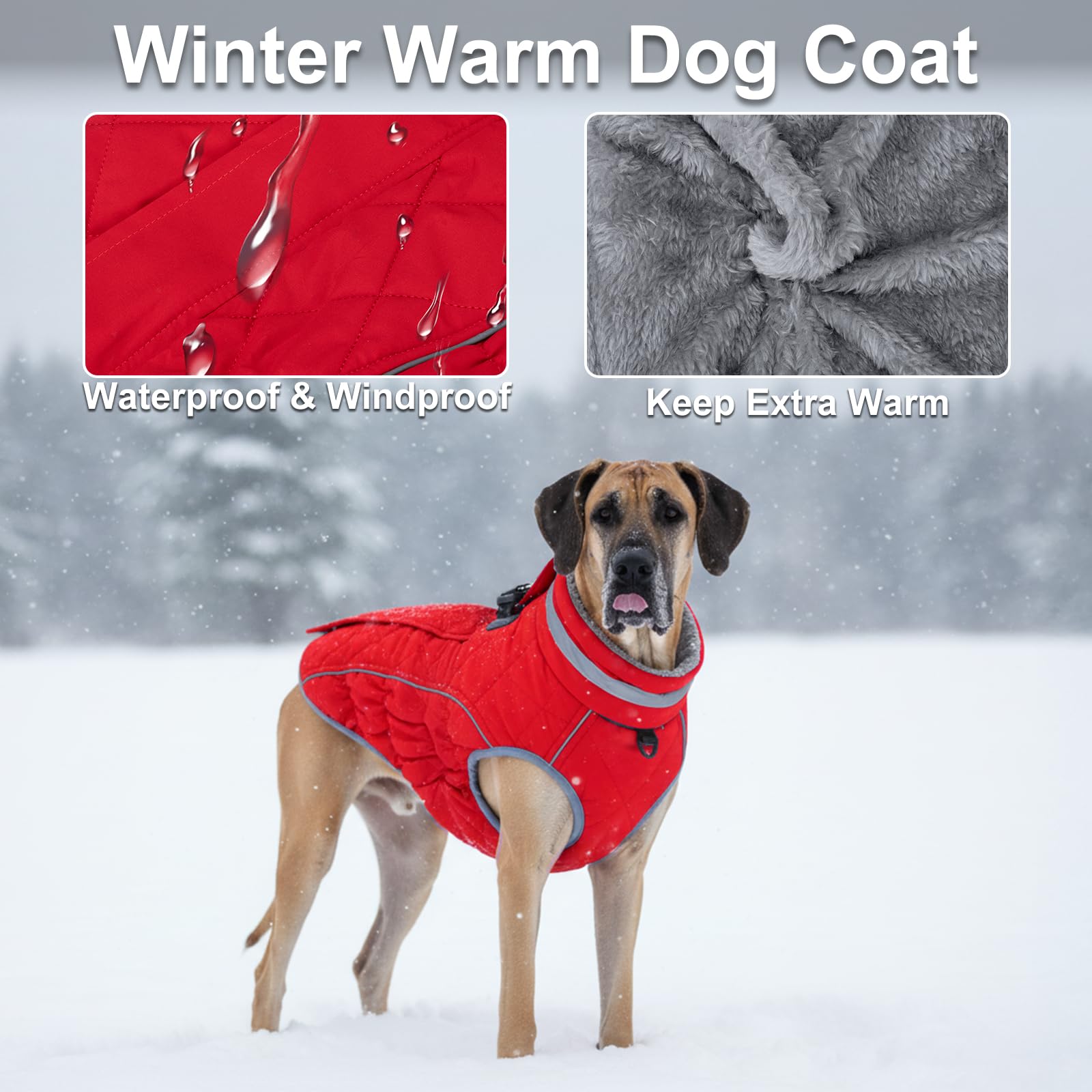 Yoochee dog coat side view highlights flexible chest area and secure zipper.