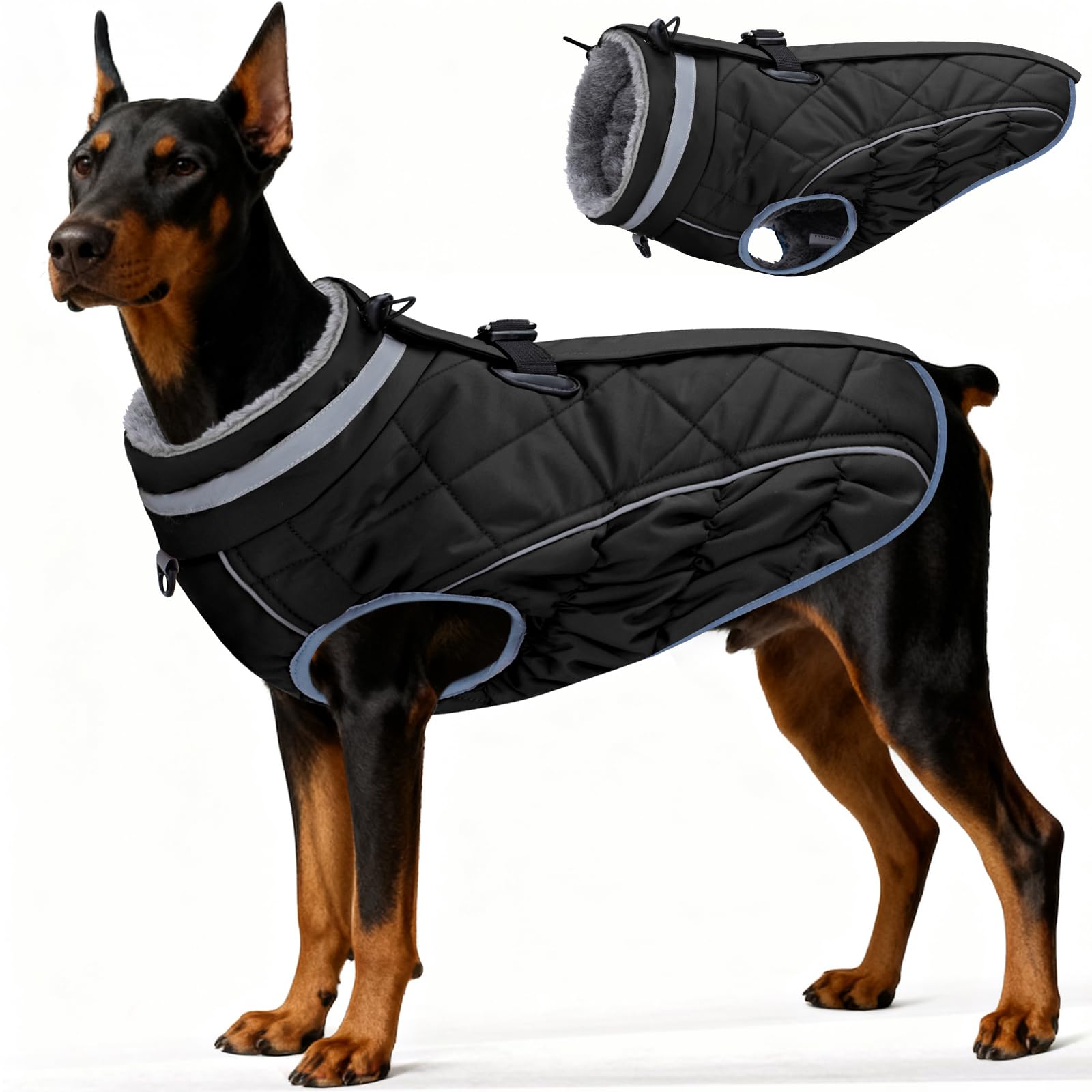 Yoochee dog coat with waterproof exterior keeps dogs dry on rainy walks.