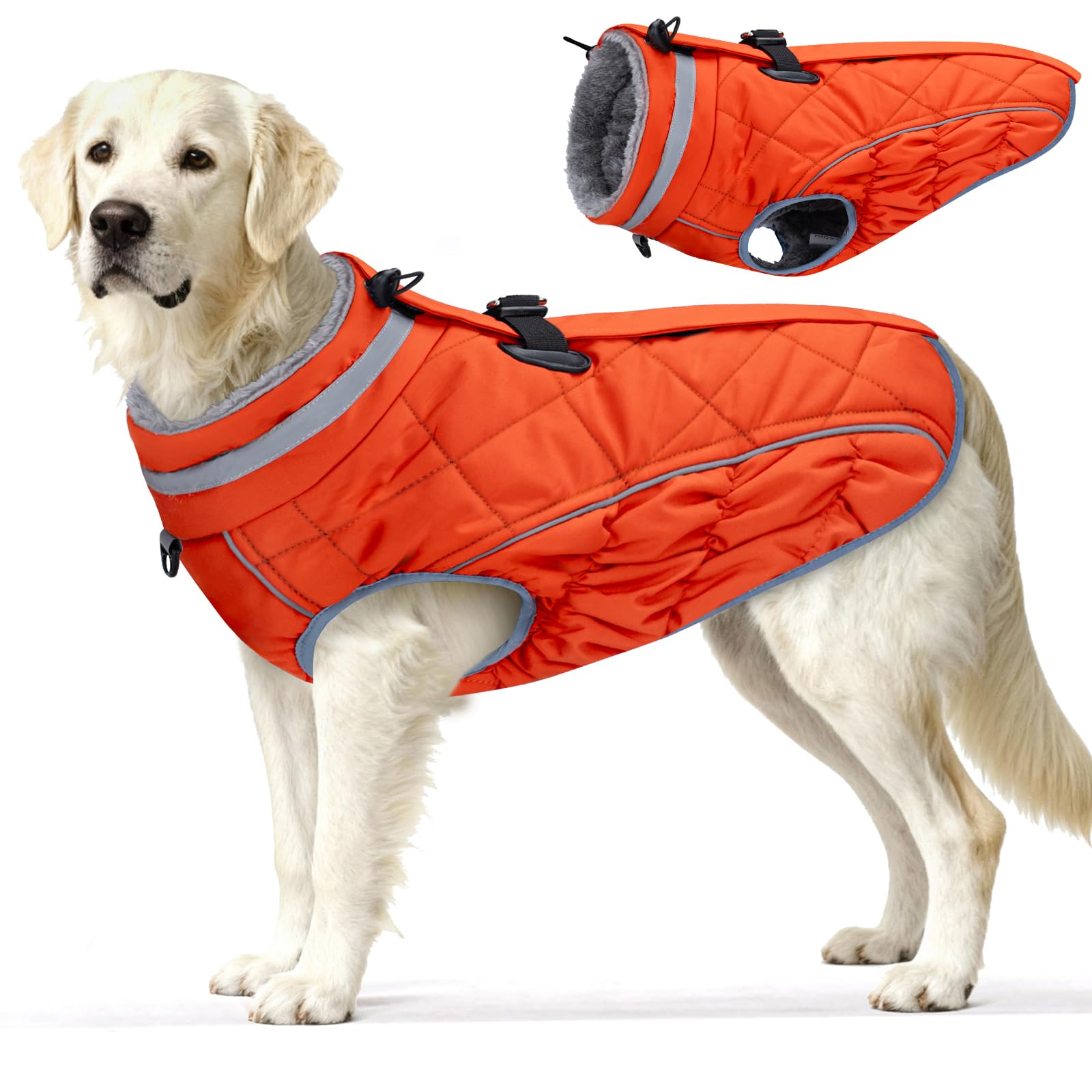 Yoochee dog coat waterproof fabric exterior helps keep large dogs dry in wet weather.