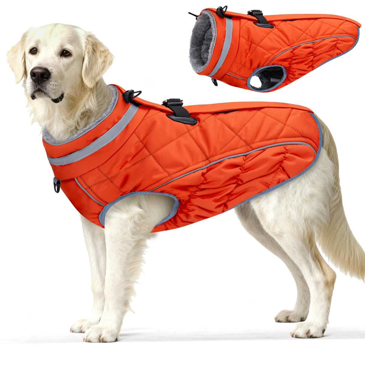 Yoochee dog coat waterproof fabric exterior helps keep large dogs dry in wet weather.