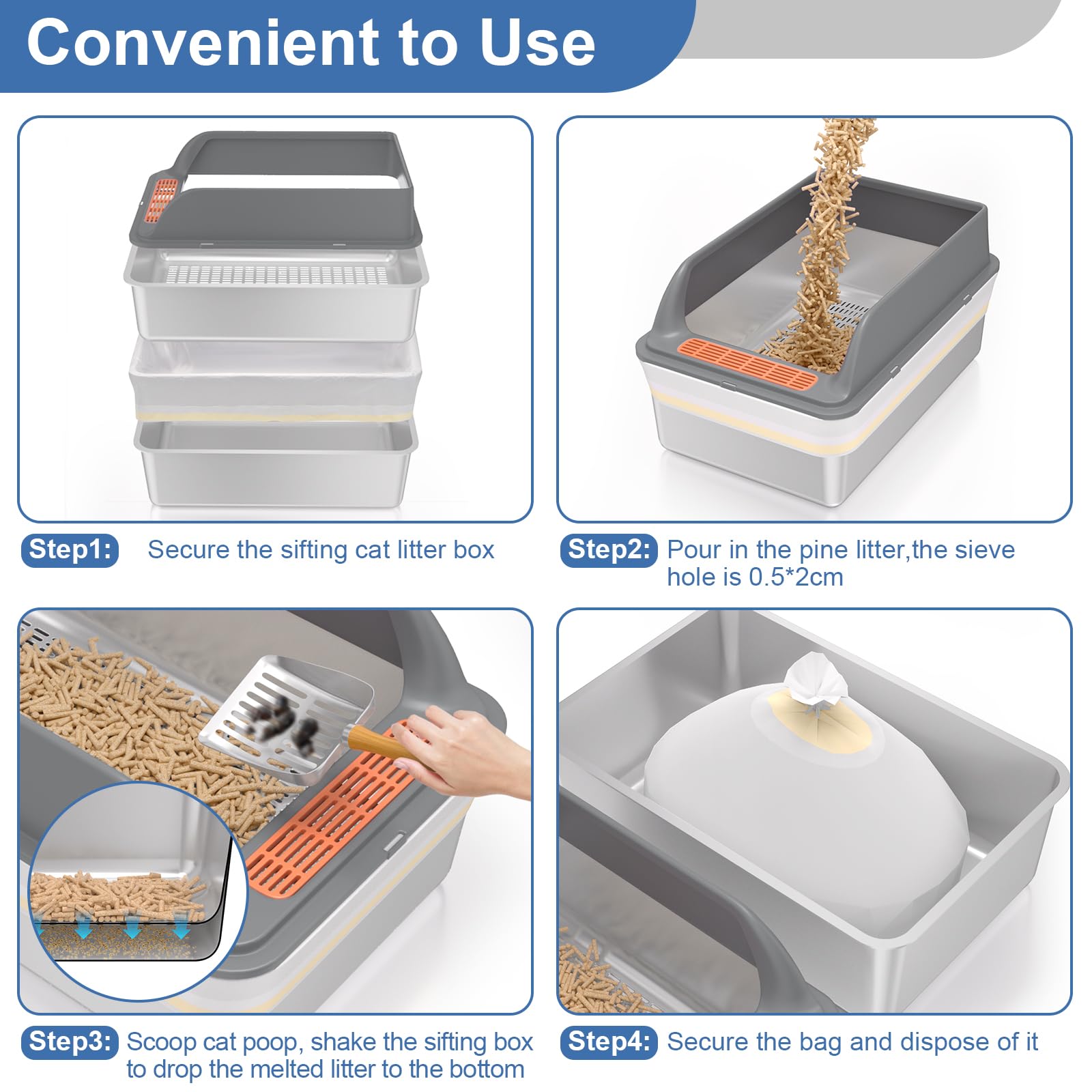 Yoochee litter box setup image shows accessories enabling quick bag changes.