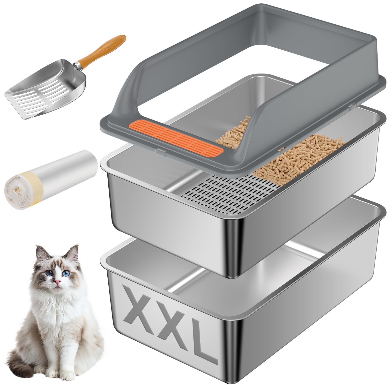 Yoochee stainless steel sifting litter box with lid demonstrates durable design and odor control.