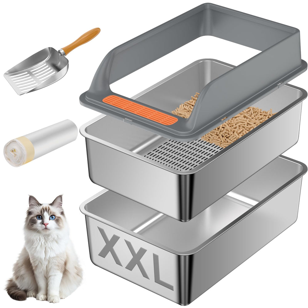 Yoochee stainless steel sifting litter box with lid demonstrates durable design and odor control.