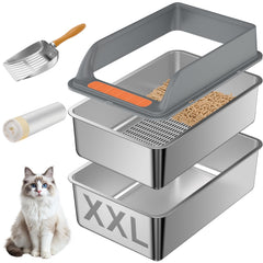 Yoochee stainless steel sifting litter box with lid demonstrates durable design and odor control.