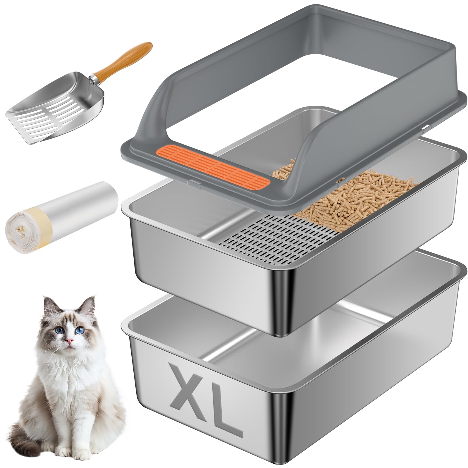 Yoochee stainless steel sifting litter box front view showing spacious interior and rust-resistant surface.